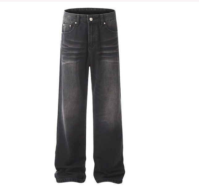 Black Men's American High Street Retro Water Wave Wash Denim Trousers National Trend Cleanfit Loose Straight Leg Long Trousers for Men and Women