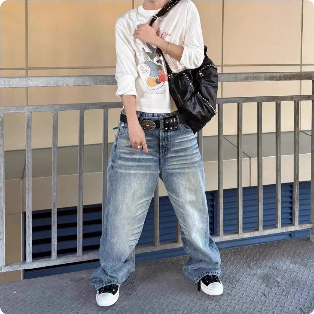 American-Style High-Street Vintage Cat-Whisker Casual Versatile Jeans for Men Cleanfit Style Loose Straight-Leg Draping Long Pants