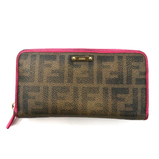 FENDI ラウンドファスナー長財布 カーキ ピンク PVC ズッカ柄 8M0299 イタリア製