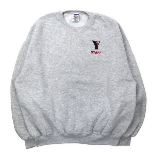 JERZEES SUPER SWEATS USA製 90年代 クルーネック スウェット 2X グレー ホワイト コットン 裏起毛 STAFF ワンポイントプリント