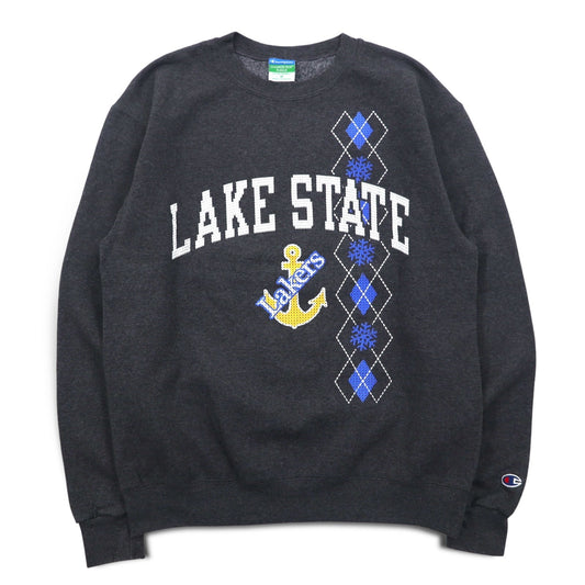 Champion カレッジプリント スウェット M グレー 裏起毛 LAKE STATE アンカー アーチロゴ ホンジュラス製