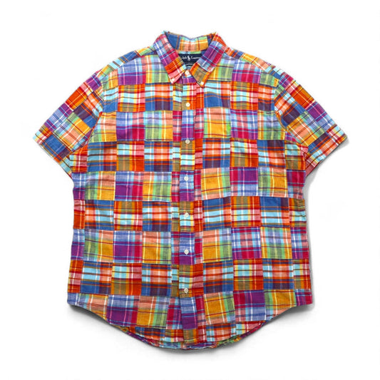 Ralph Lauren 90年代 パッチワーク 半袖 ボタンダウンシャツ XL マルチカラー チェック CUSTOM FIT スモールポニー刺繍