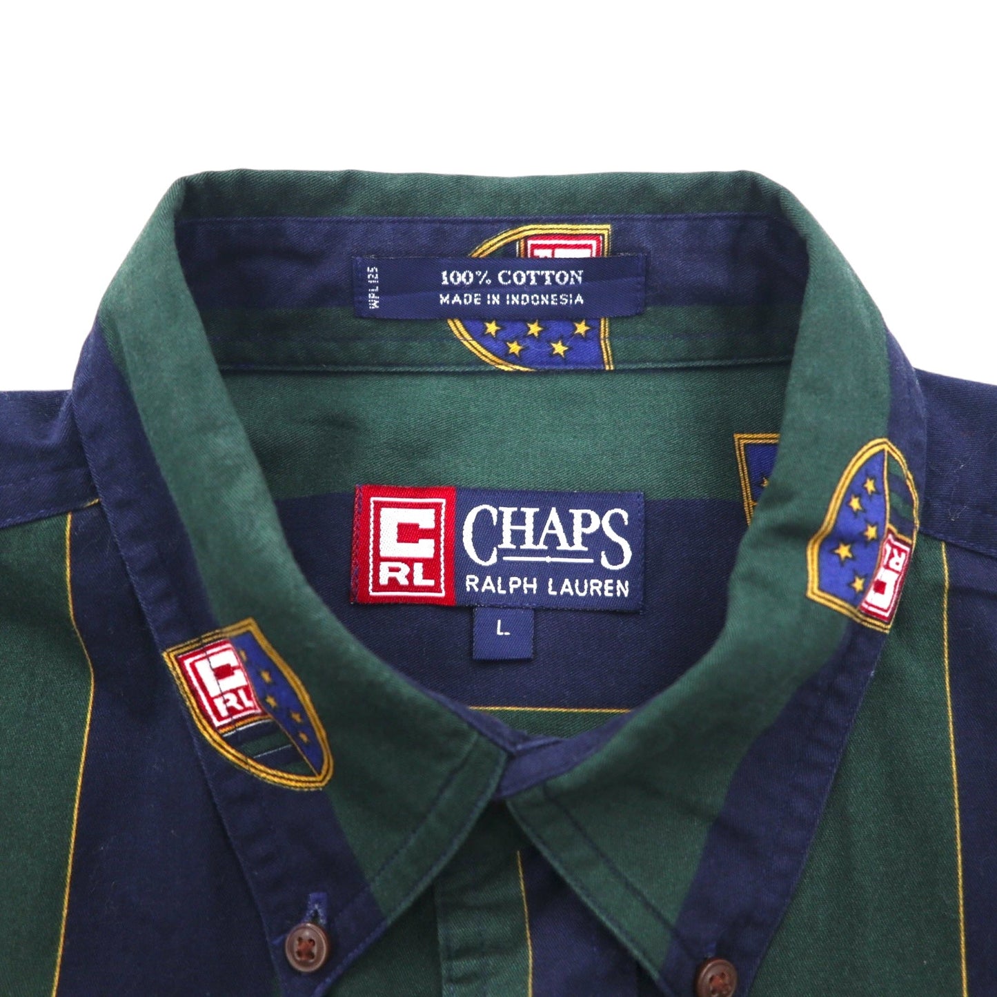 CHAPS RALPH LAUREN 90年代 ボタンダウンシャツ L グリーン ネイビー ストライプ コットン エンブレムロゴ