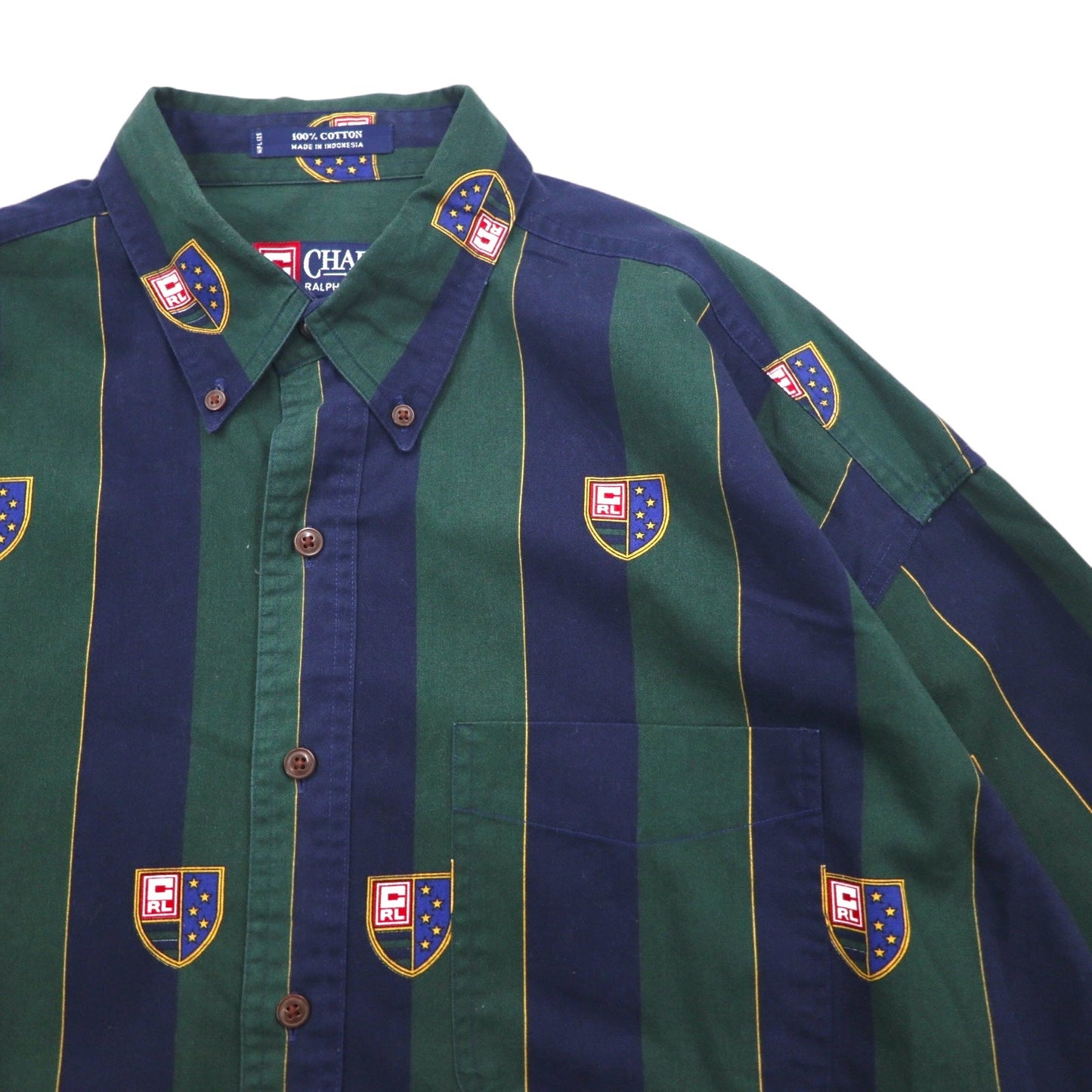 CHAPS RALPH LAUREN 90年代 ボタンダウンシャツ L グリーン ネイビー ストライプ コットン エンブレムロゴ