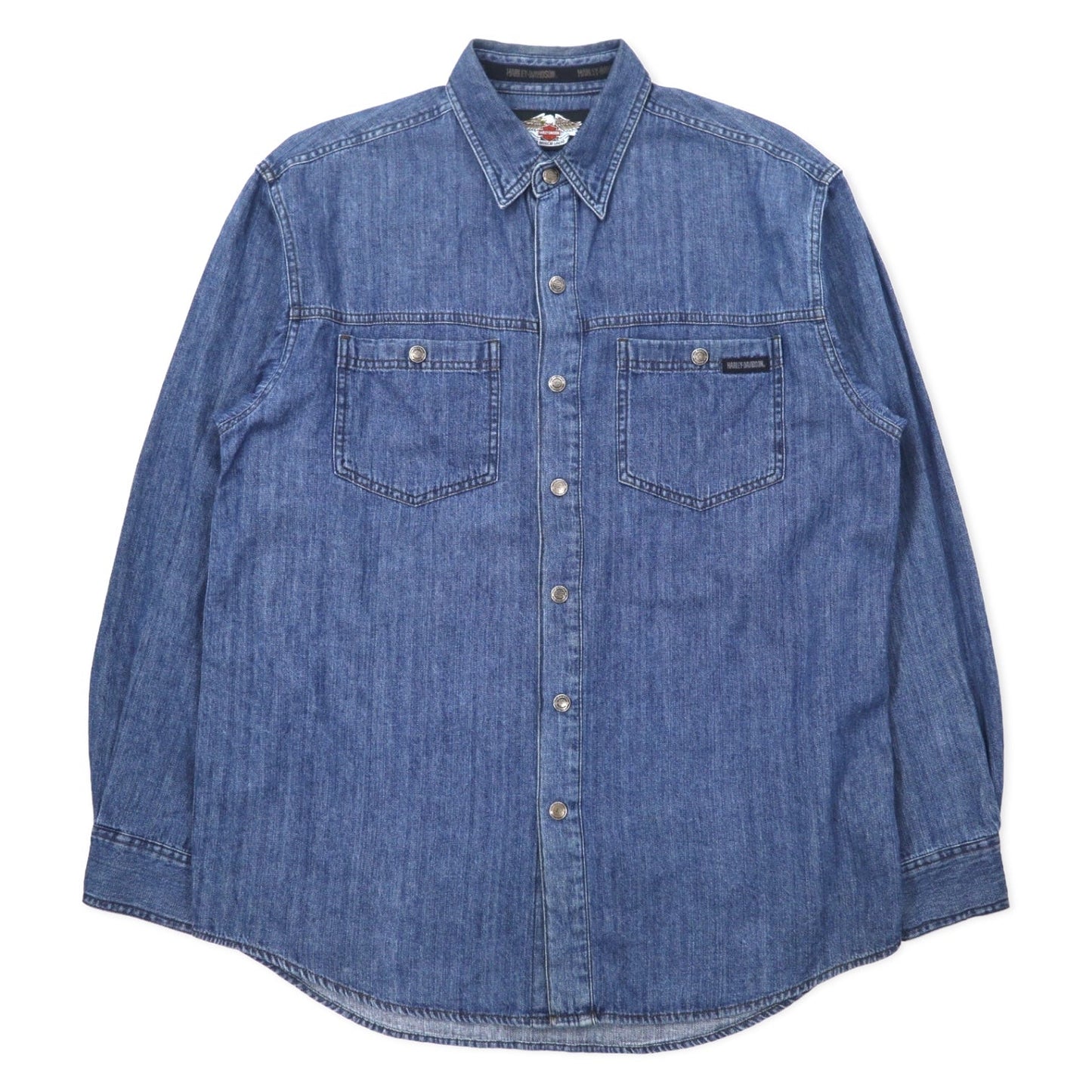 HARLEY DAVIDSON バックロゴ刺繍 デニムシャツ XL ブルー コットン スナップボタン