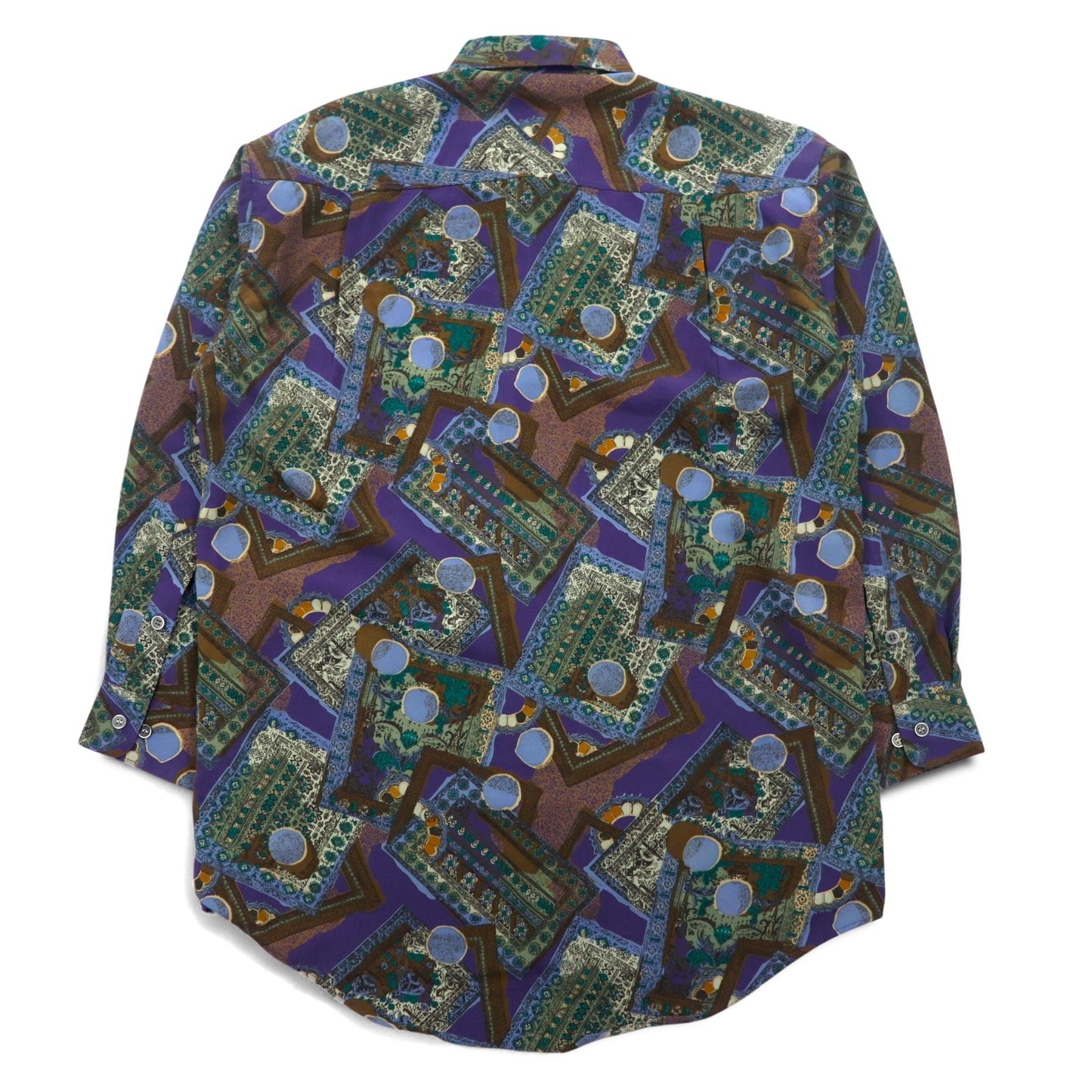 Vintage 90s Retro Geometric Pattern Shirt ORANGE FIELD 総柄 ポリシャツ M パープル ポリエステル