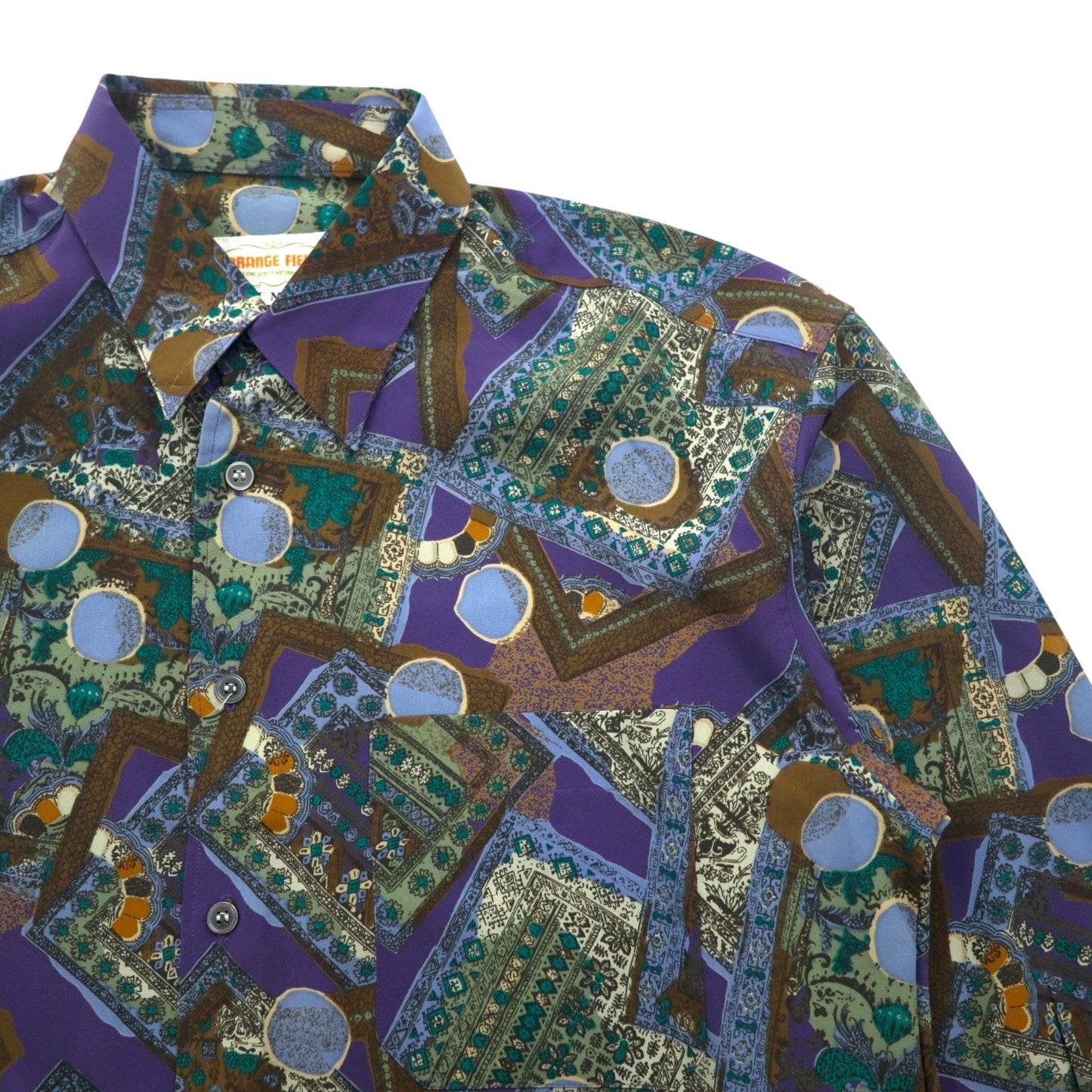 Vintage 90s Retro Geometric Pattern Shirt ORANGE FIELD 総柄 ポリシャツ M パープル ポリエステル