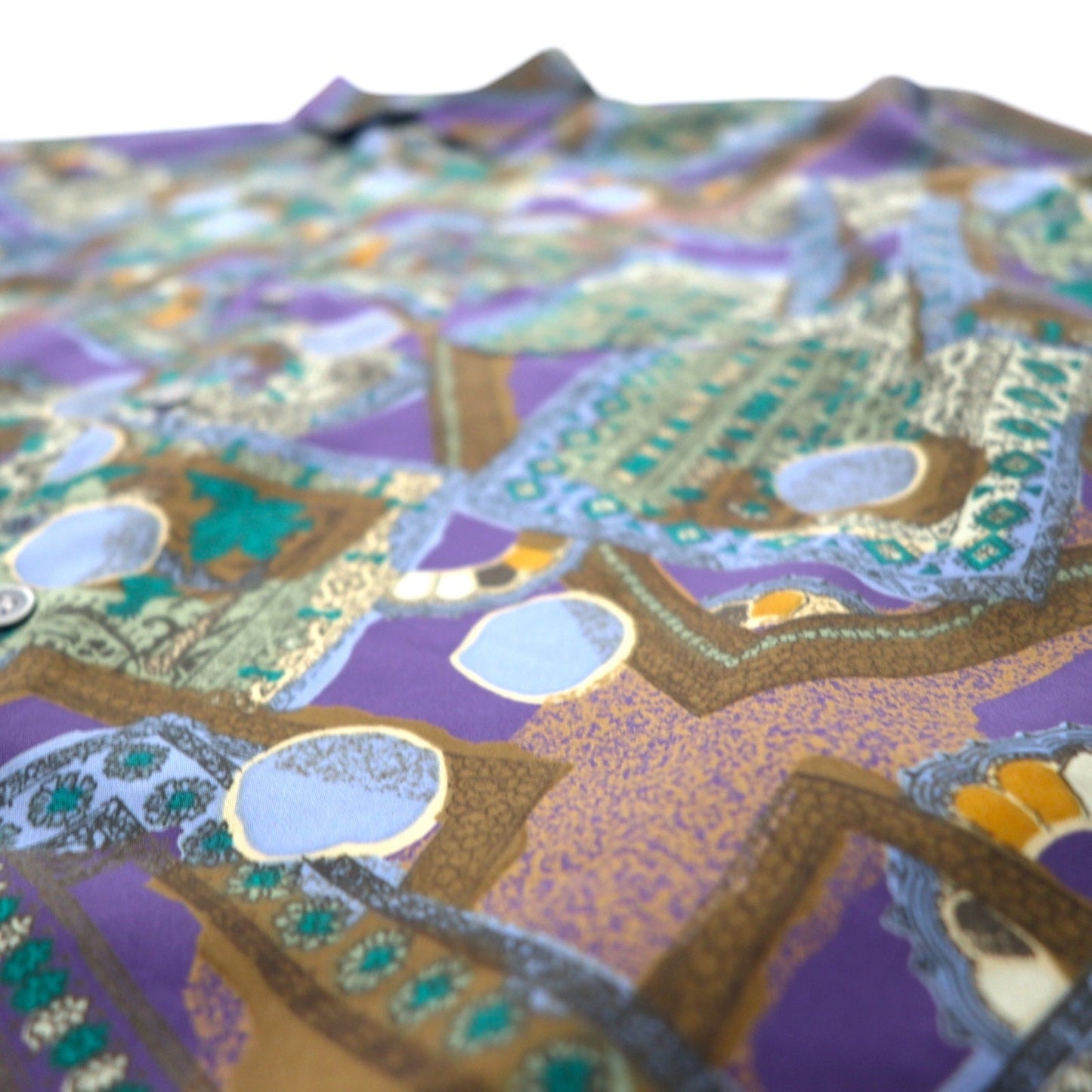 Vintage 90s Retro Geometric Pattern Shirt ORANGE FIELD 総柄 ポリシャツ M パープル ポリエステル