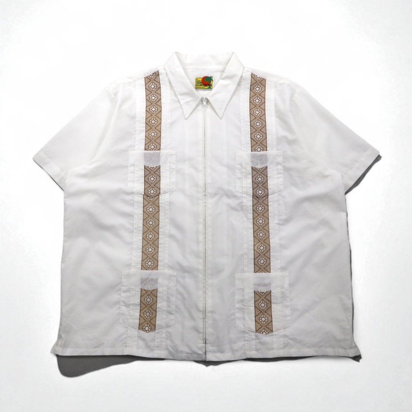 GUAYABERA 90年代 フルジップ キューバシャツ 半袖 ボックスシャツ XL ホワイト 刺繍