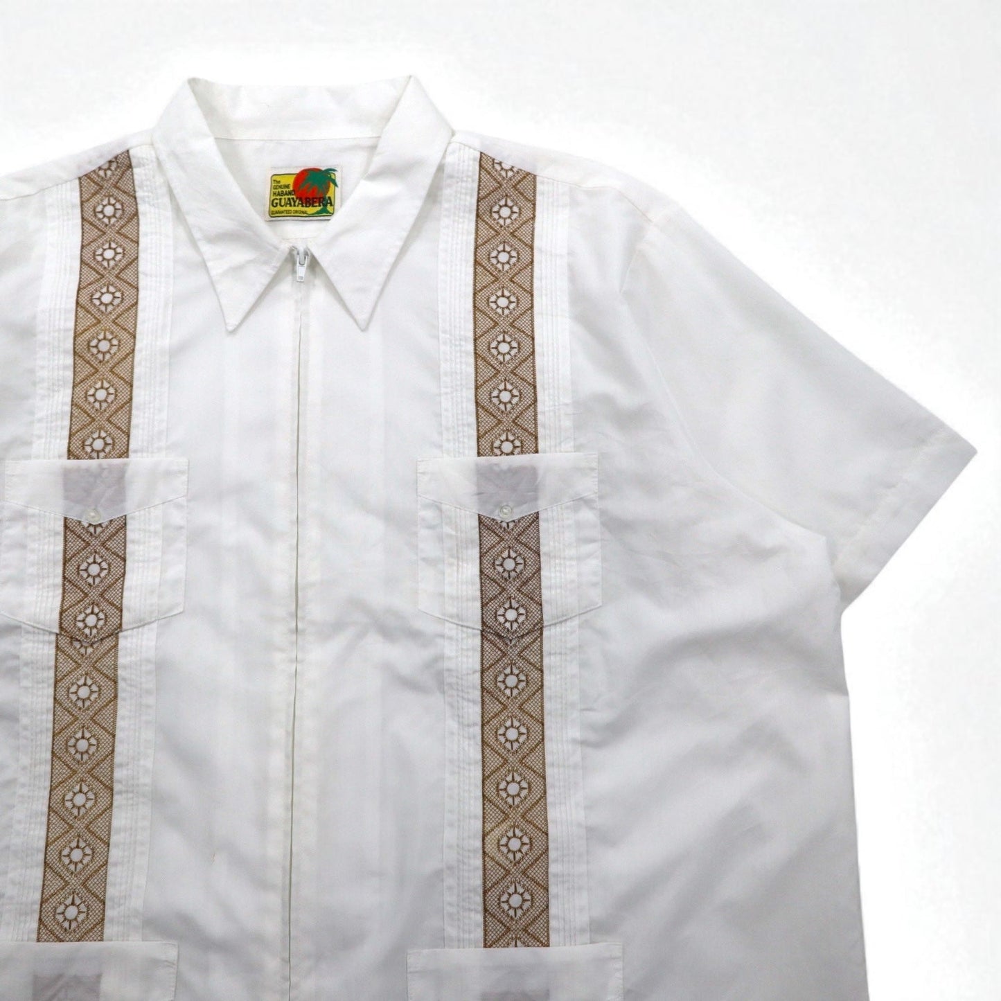 GUAYABERA 90年代 フルジップ キューバシャツ 半袖 ボックスシャツ XL ホワイト 刺繍