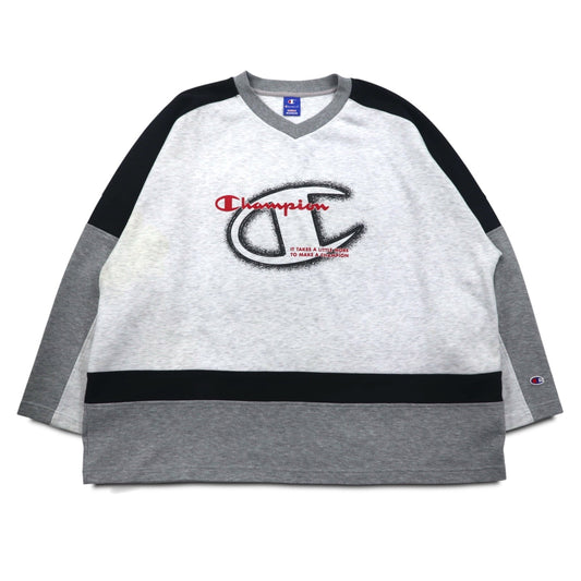 Champion 90年代 Vネック ラグラン スウェット 4XL グレー スクリプトロゴ ビッグサイズ
