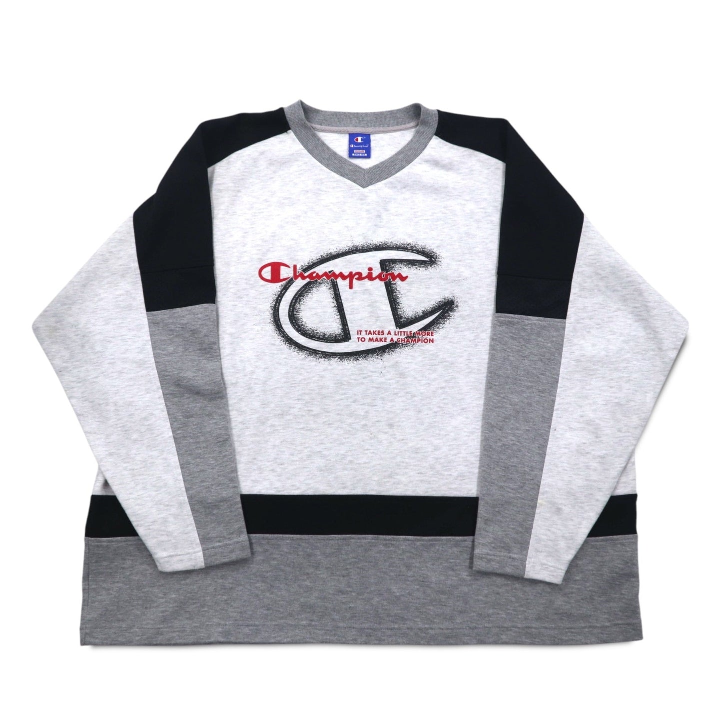 Champion 90年代 Vネック ラグラン スウェット 4XL グレー スクリプトロゴ ビッグサイズ