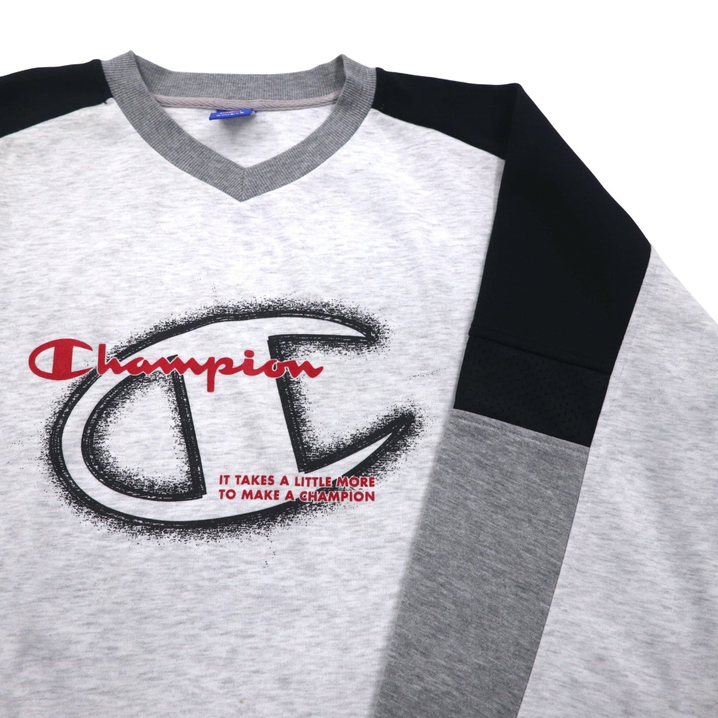 Champion 90年代 Vネック ラグラン スウェット 4XL グレー スクリプトロゴ ビッグサイズ