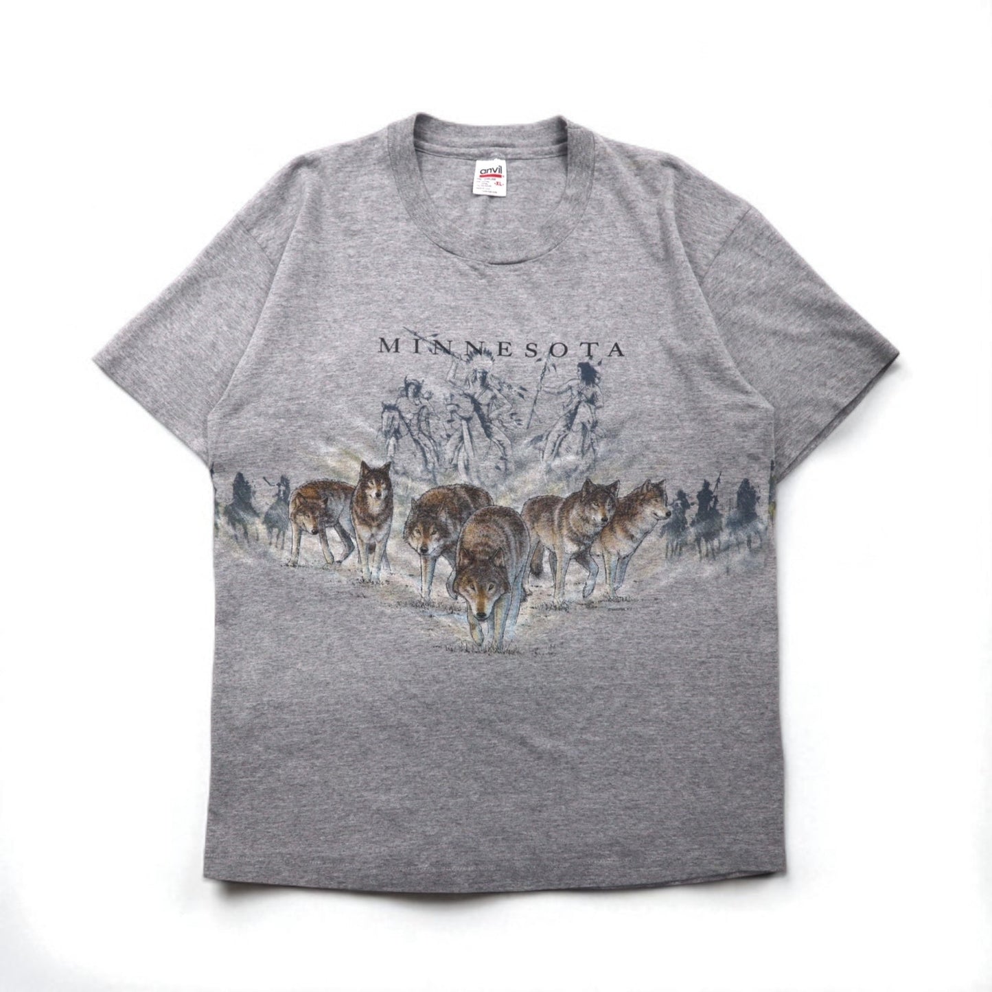 anvil 90年代 USA製 シングルステッチ Tシャツ XL グレー MINESOTA 両面 アニマル プリント オオカミ