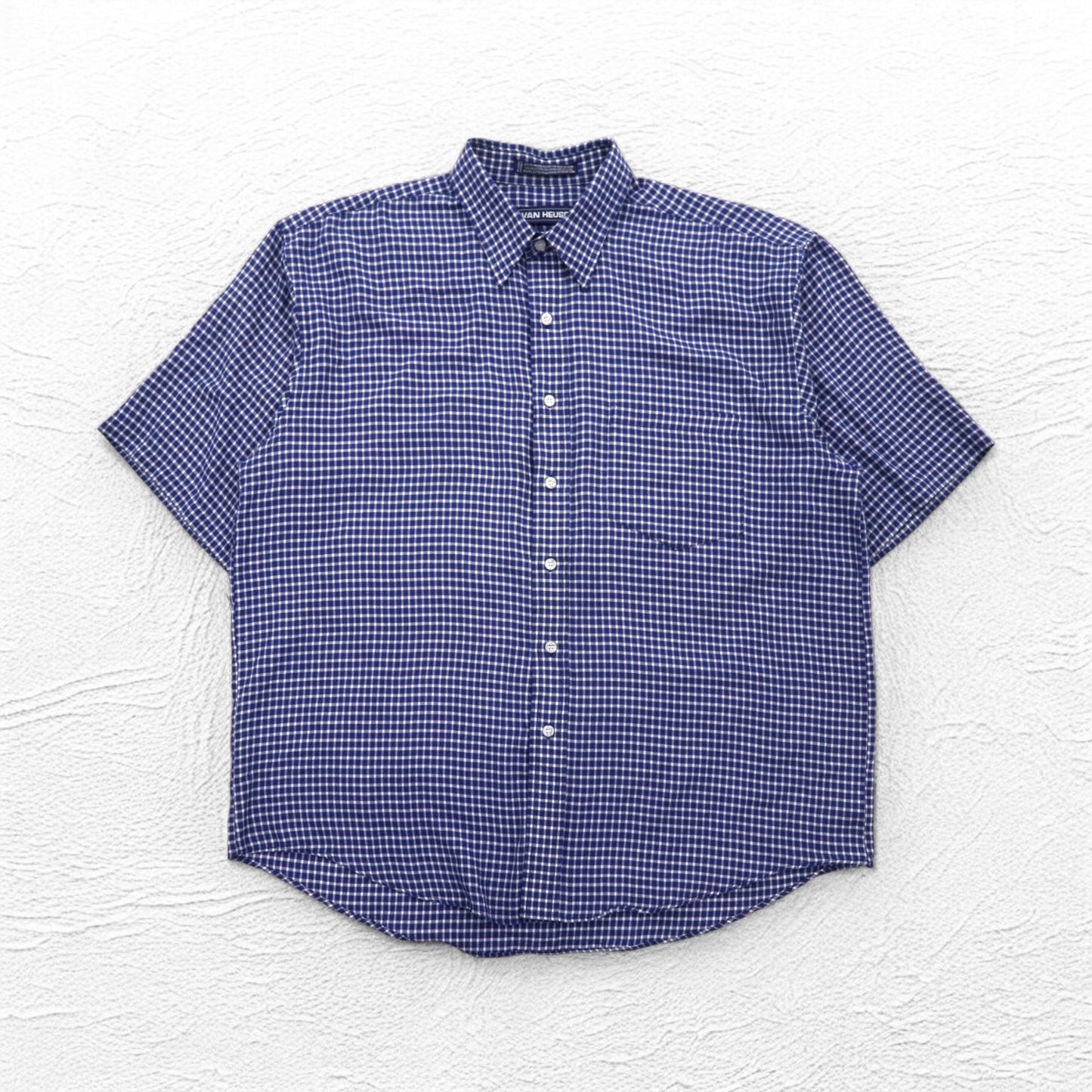 VAN HEUSEN 90年代 半袖 シャツ L ブルー チェック コットン 襟芯