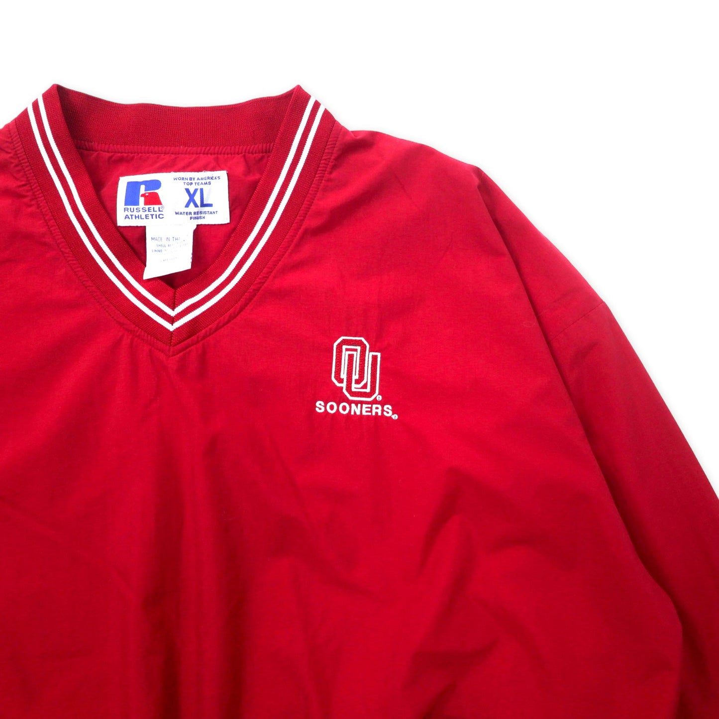 RUSSELL ATHLETIC リブライン ピステ プルオーバー ナイロンジャケット XL レッド ナイロン 防水 カレッジ刺繍 SOONERS ビッグサイズ