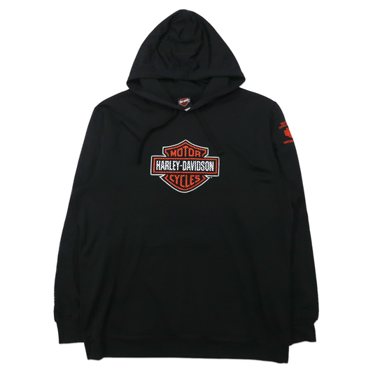 HARLEY DAVIDSON ロゴプリント プルオーバーパーカー XL ブラック メッシュ切替 パンチング ビッグサイズ
