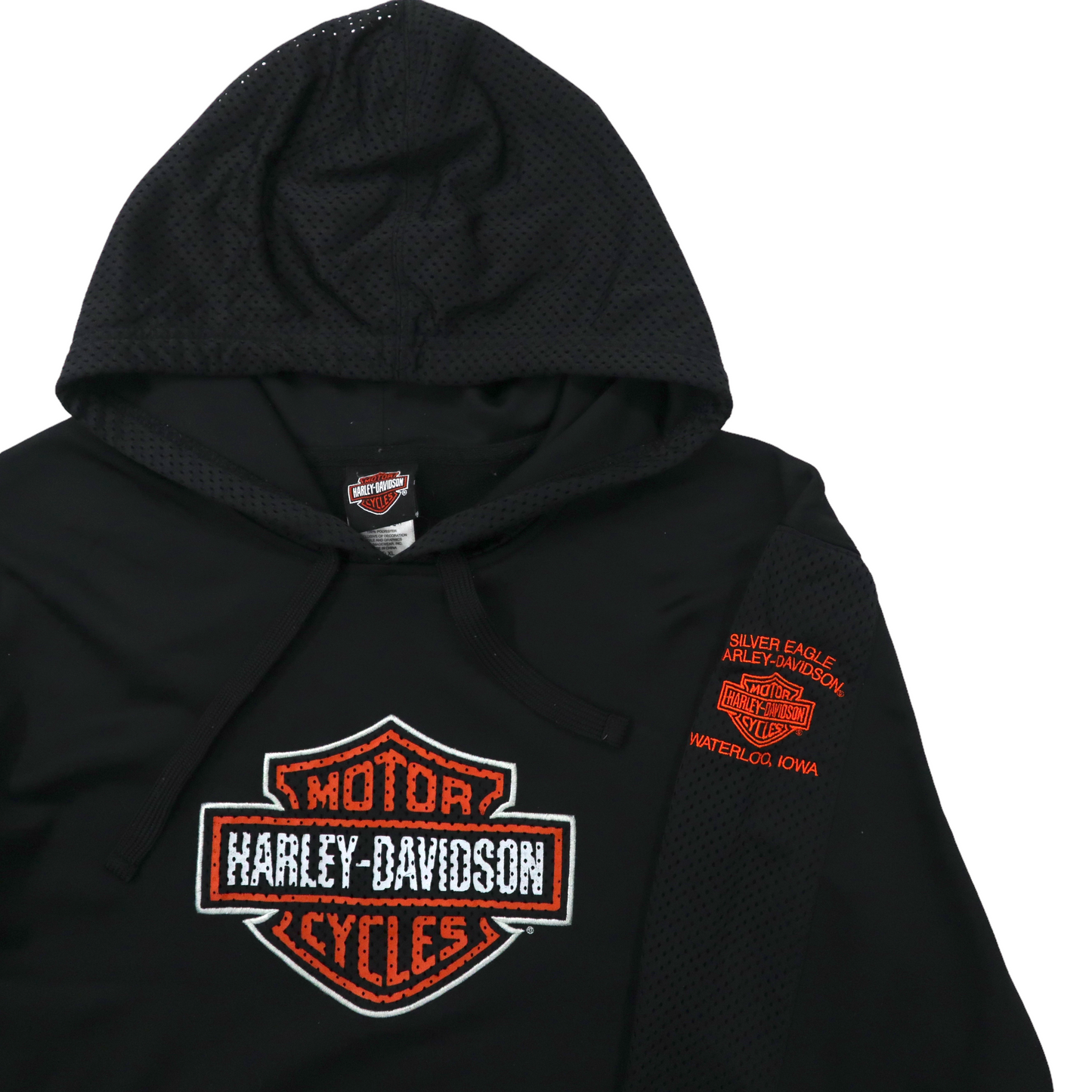 HARLEY DAVIDSON ロゴプリント プルオーバーパーカー XL ブラック メッシュ切替 パンチング ビッグサイズ