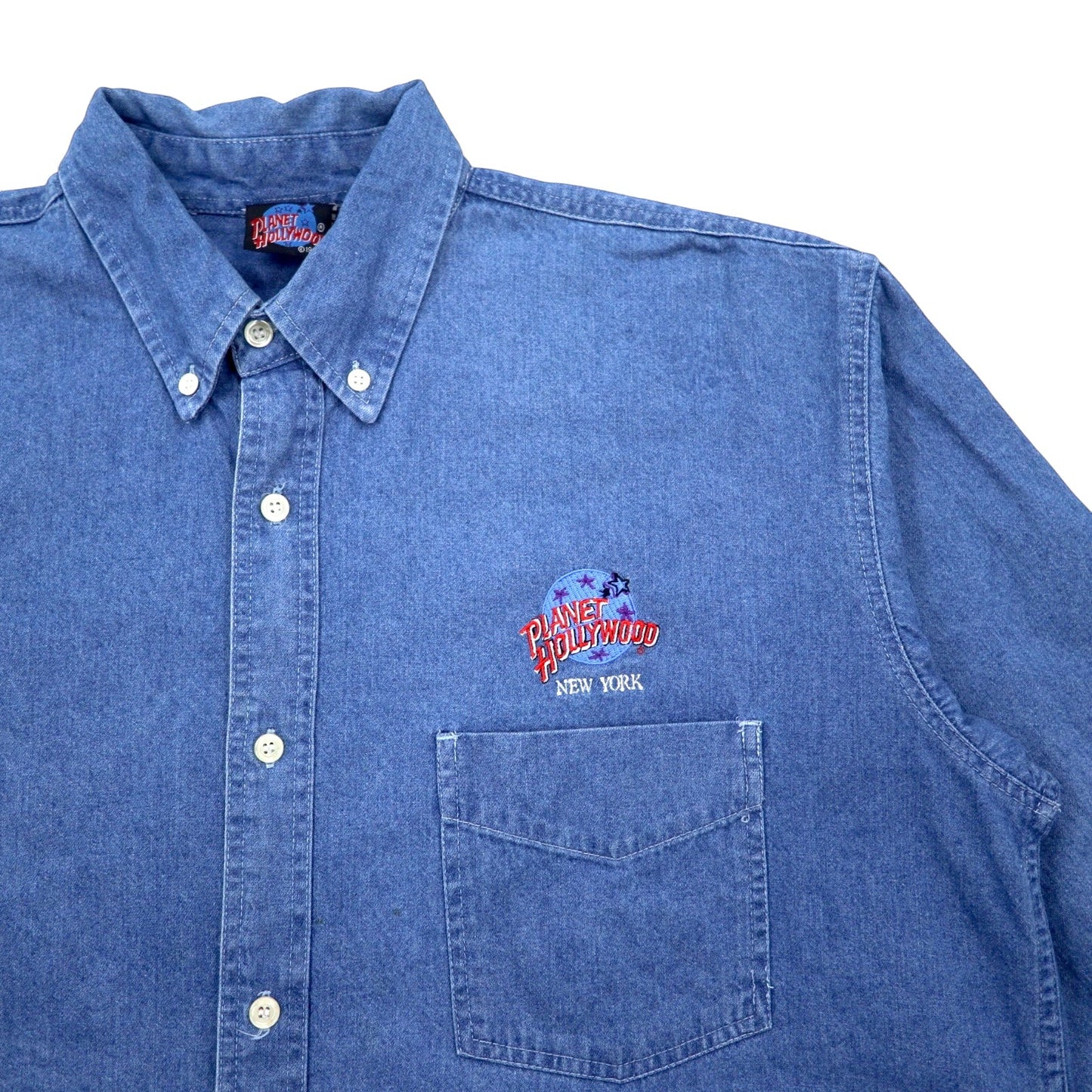 90年代 PLANET HOLLYWOOD デニム ボタンダウンシャツ XL ブルー コットン ワンポイントロゴ 刺繍