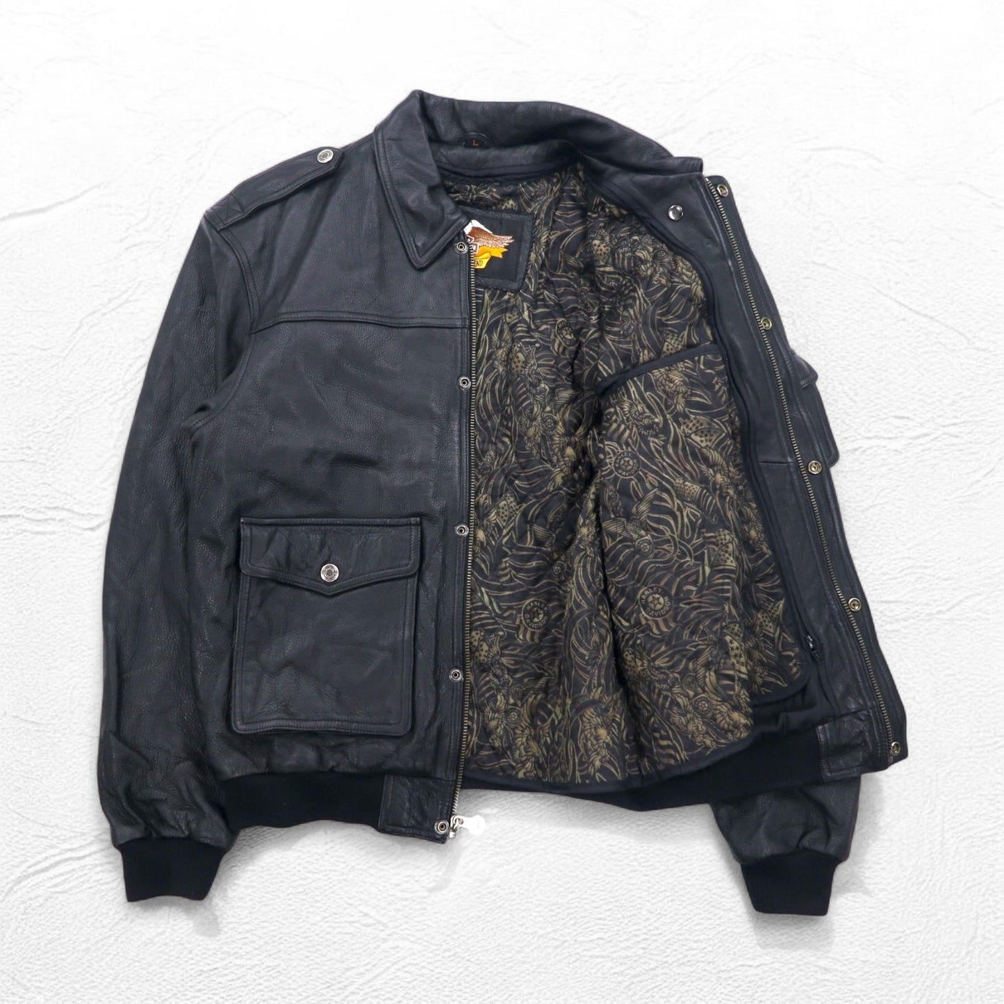HARLEY DAVIDSON A-2 レザー フライト ボンバージャケット ミリタリー ライダース L ブラック シボ革 ライナー着脱式 エポレット