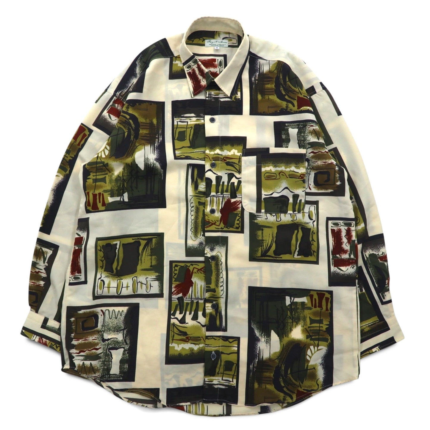 Vintage 90s Retro Shirt Royal Honey ポリシャツ M ベージュ 総柄 アート ポリエステル
