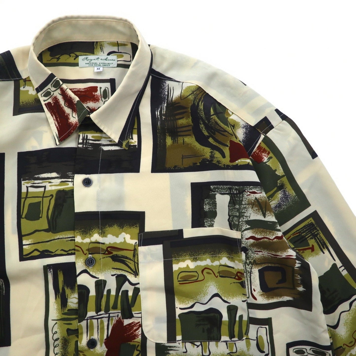 Vintage 90s Retro Shirt Royal Honey ポリシャツ M ベージュ 総柄 アート ポリエステル