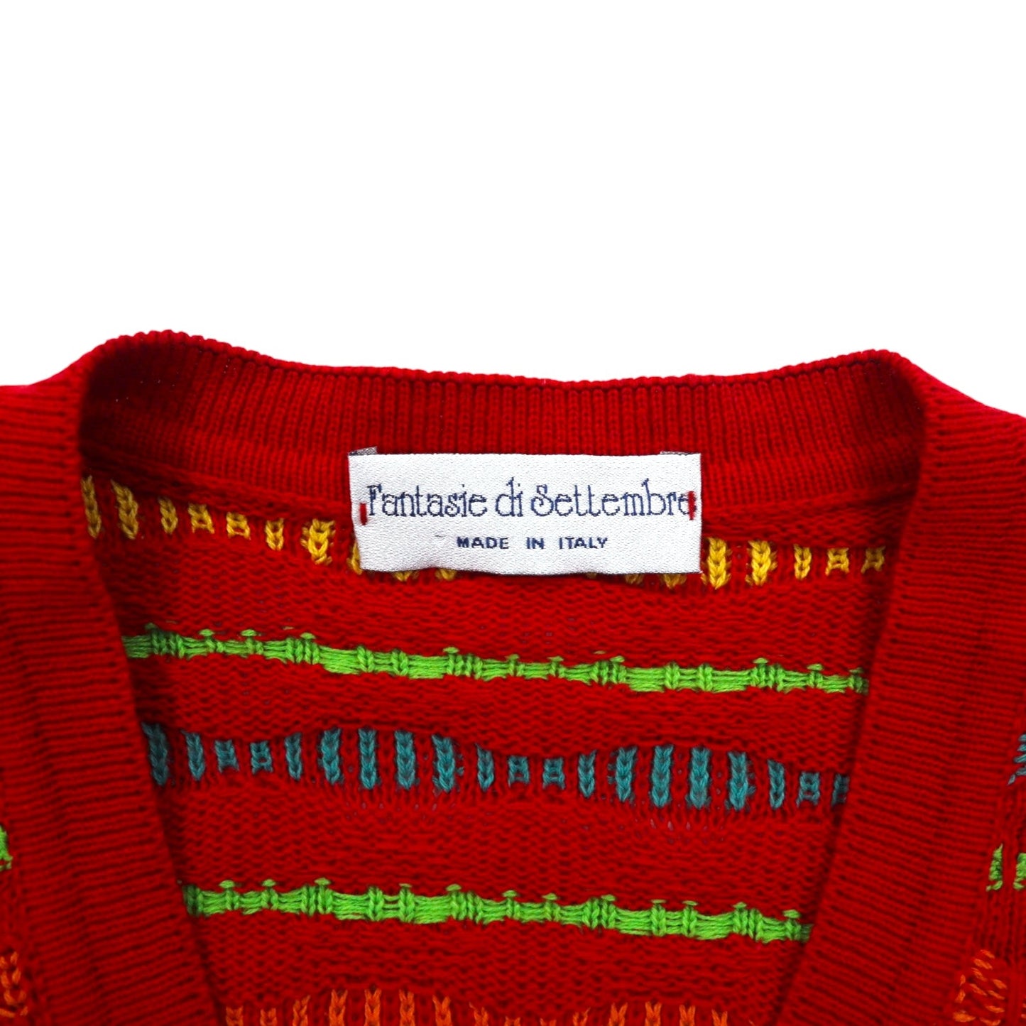 Fantasie di Settembre イタリア製 90年代 Vネック 3D ニット セーター L レッド 総柄 ボーダー