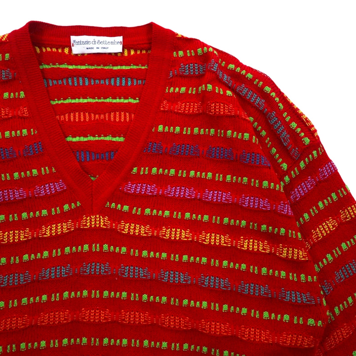Fantasie di Settembre イタリア製 90年代 Vネック 3D ニット セーター L レッド 総柄 ボーダー
