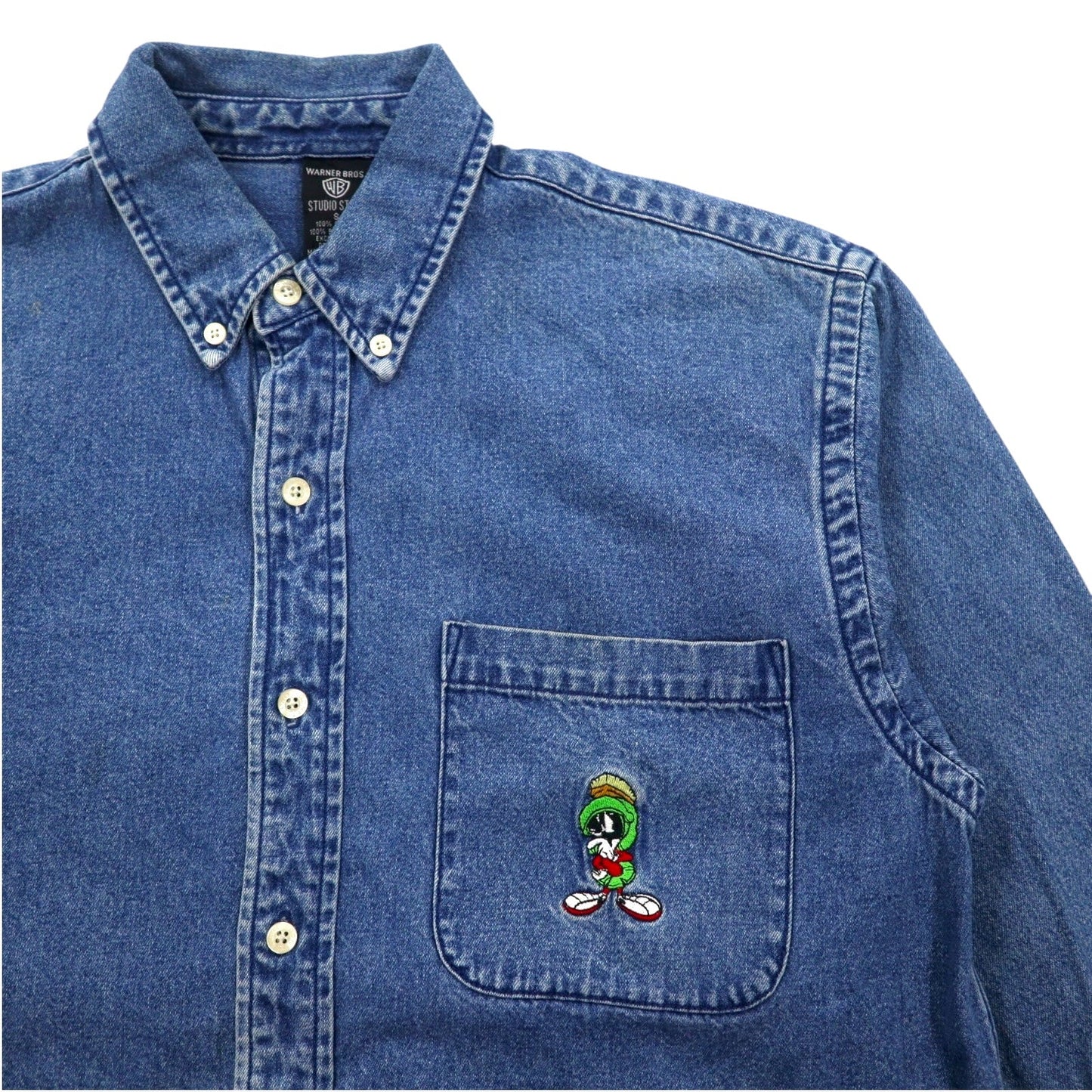 WARNER BROS. 90年代 ビッグサイズ デニム ボタンダウンシャツ S ブルー LOONEY TUNES キャラクター刺繍