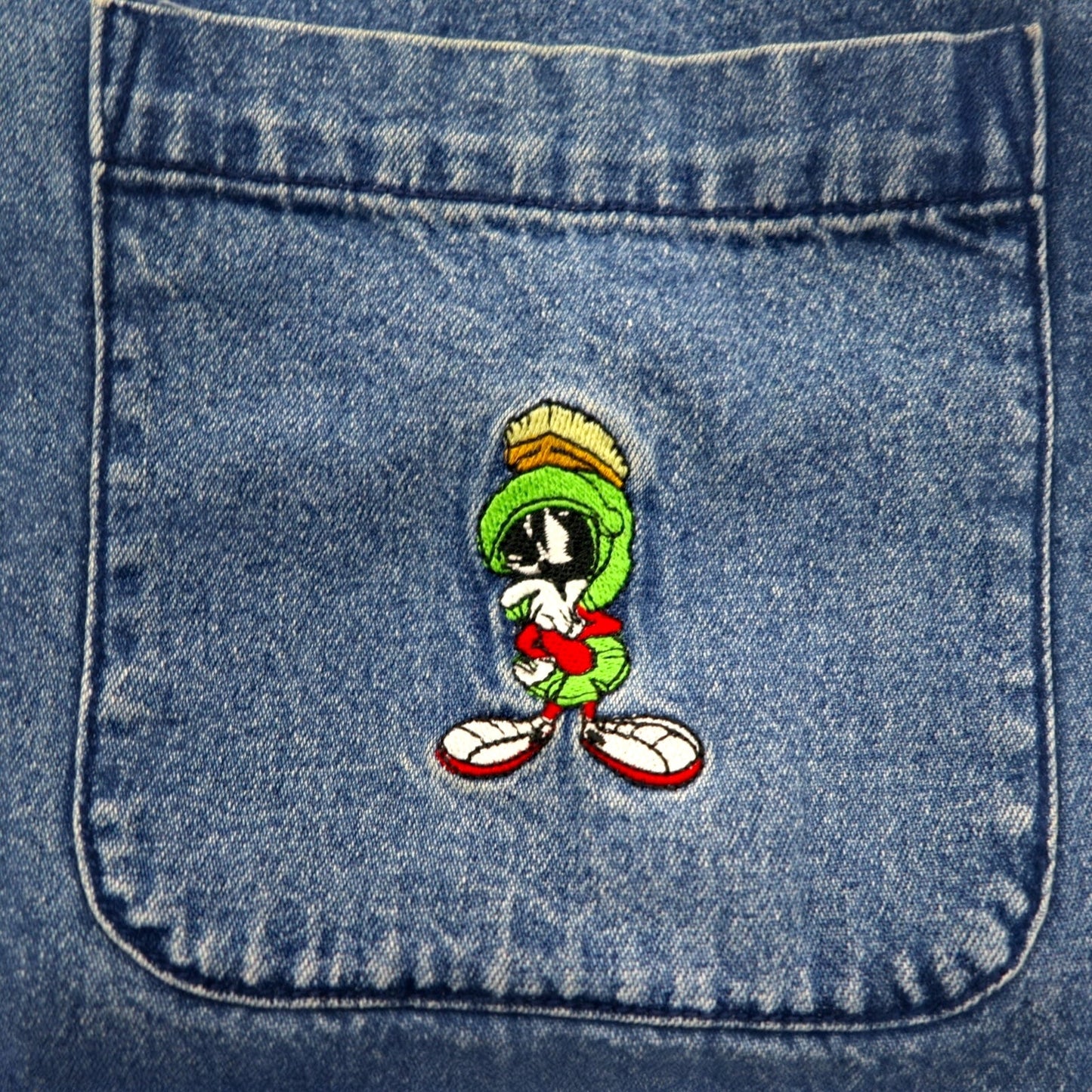 WARNER BROS. 90年代 ビッグサイズ デニム ボタンダウンシャツ S ブルー LOONEY TUNES キャラクター刺繍