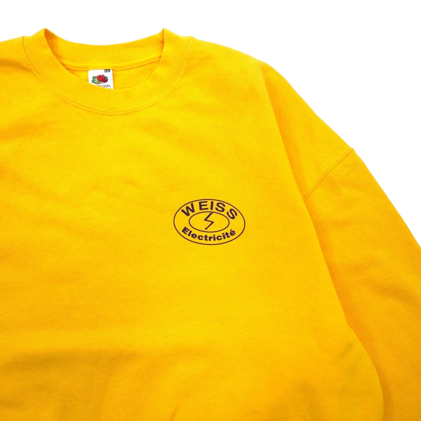 FRUIT OF THE LOOM モロッコ製 ヨーロッパライン クルーネック スウェット XXL イエロー コットン 裏起毛 WEISS Electricite バックプリント