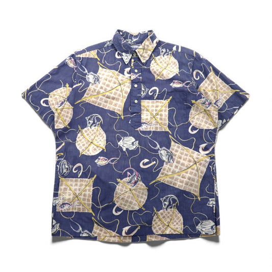 Reyn Spooner 90年代 ハワイ製 ビキニタグ プルオーバー 半袖 ボタンダウン アロハシャツ M ブルー コットン 魚モチーフ