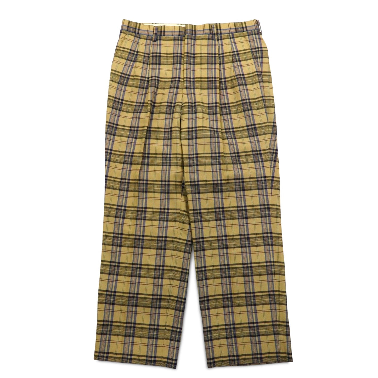 DAKS タック ワイド スラックスパンツ M ベージュ チェック ウール 日本製