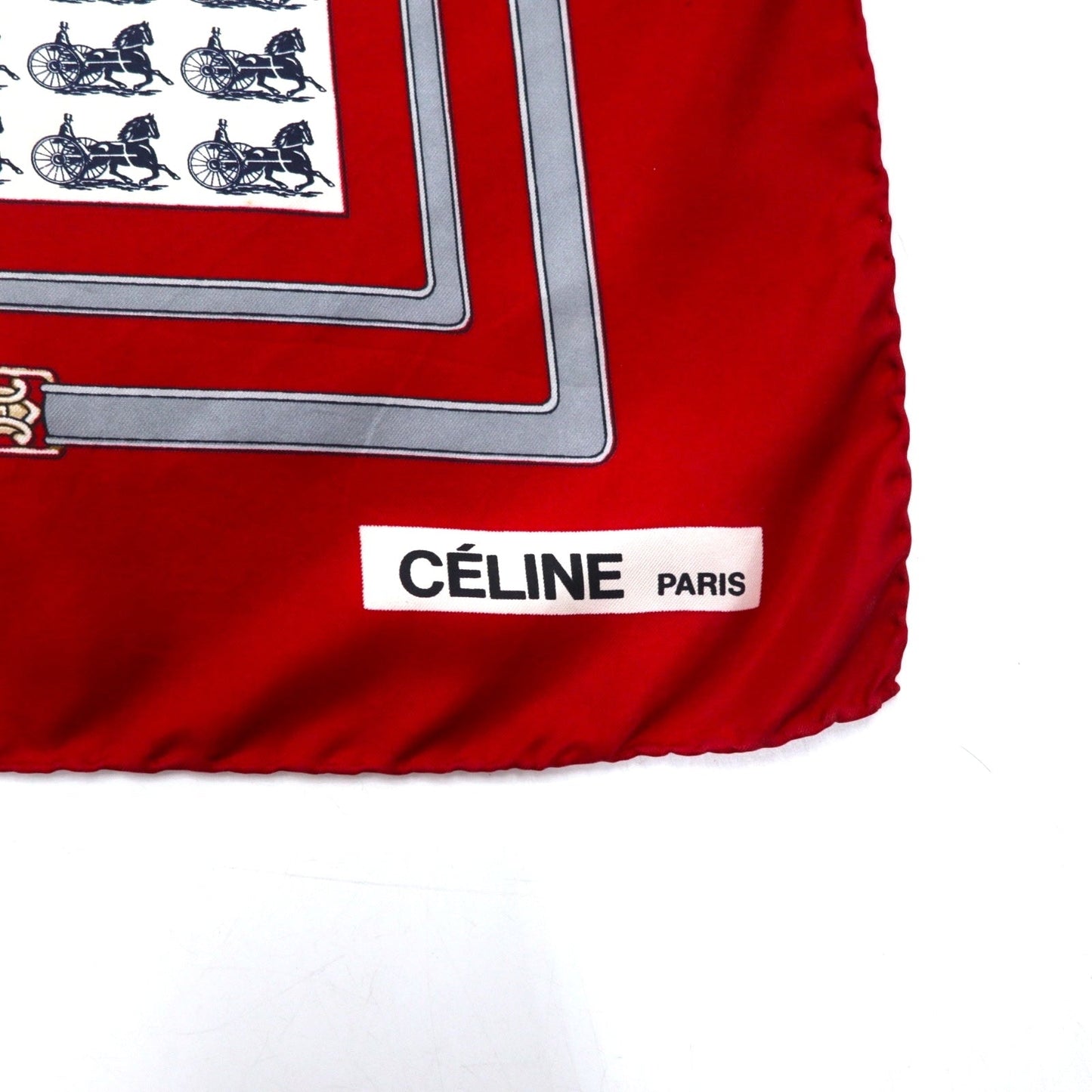 CELINE オールド イタリア製 大判 スカーフ レッド シルク 総柄 馬車
