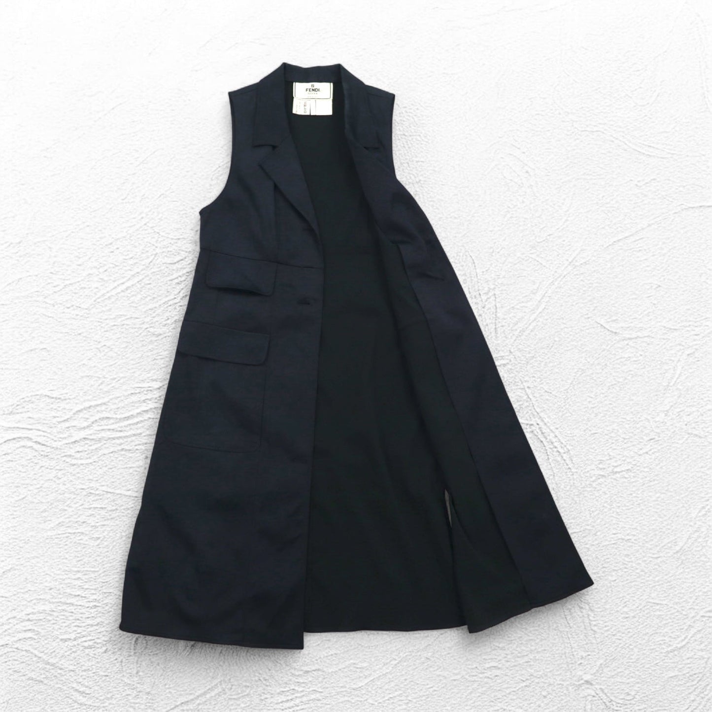 FENDI イタリア製 ノースリーブ コート ロング ジレ ワンピース M ブラック アセテート