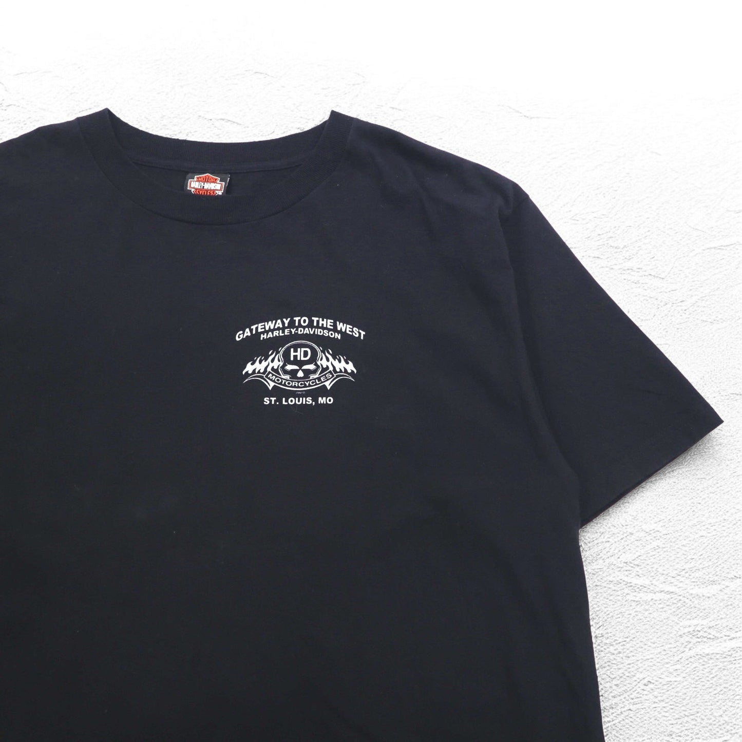 HARLEY DAVIDSON 00年代 USA製 ファイヤーパターン スカルプリント Tシャツ 2XL ブラック コットン ST LOUIS MO