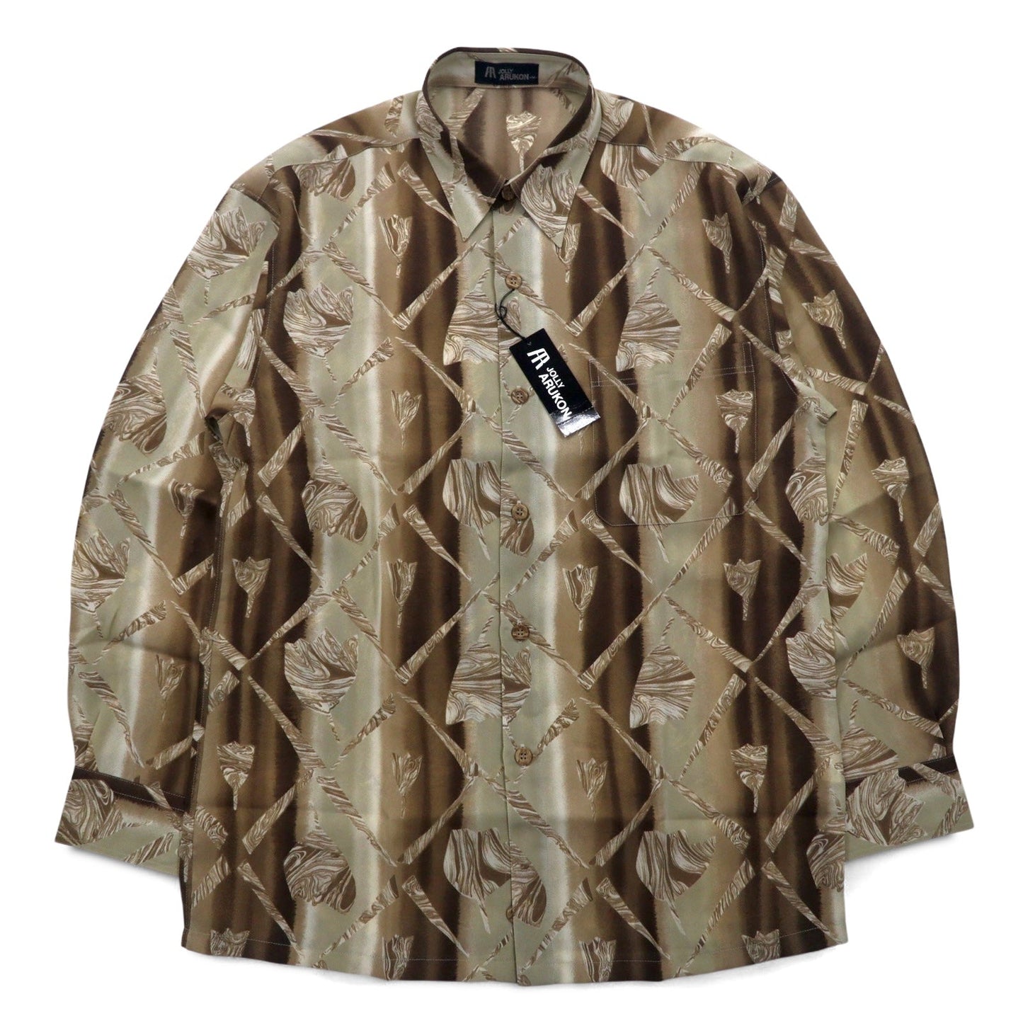 Vintage 90s Japan Made Retro Shirt JOLLY ARUKON 総柄 ポリシャツ M ブラウン 未使用品