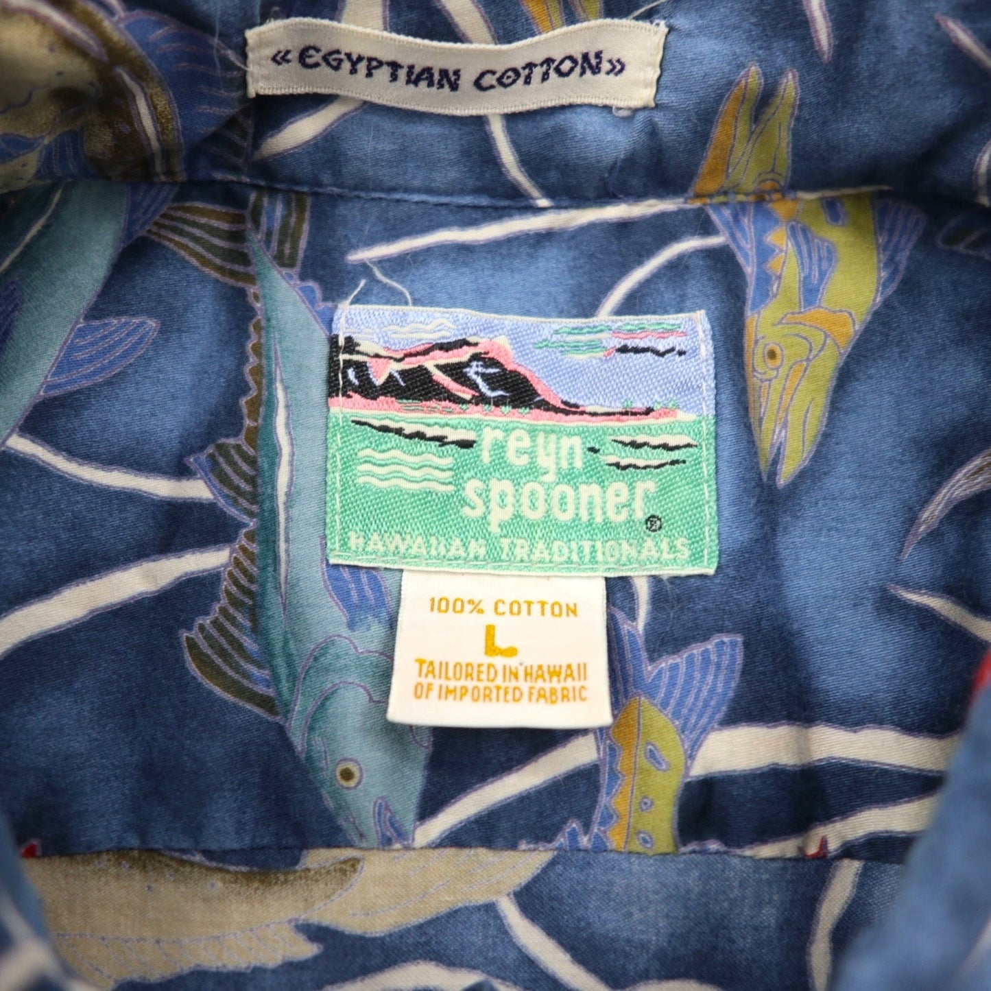 Reyn Spooner 80年代 ハワイ製 ダイアモンドヘッドタグ アロハシャツ L ネイビー コットン EGYPTIAN COTTON 魚モチーフ