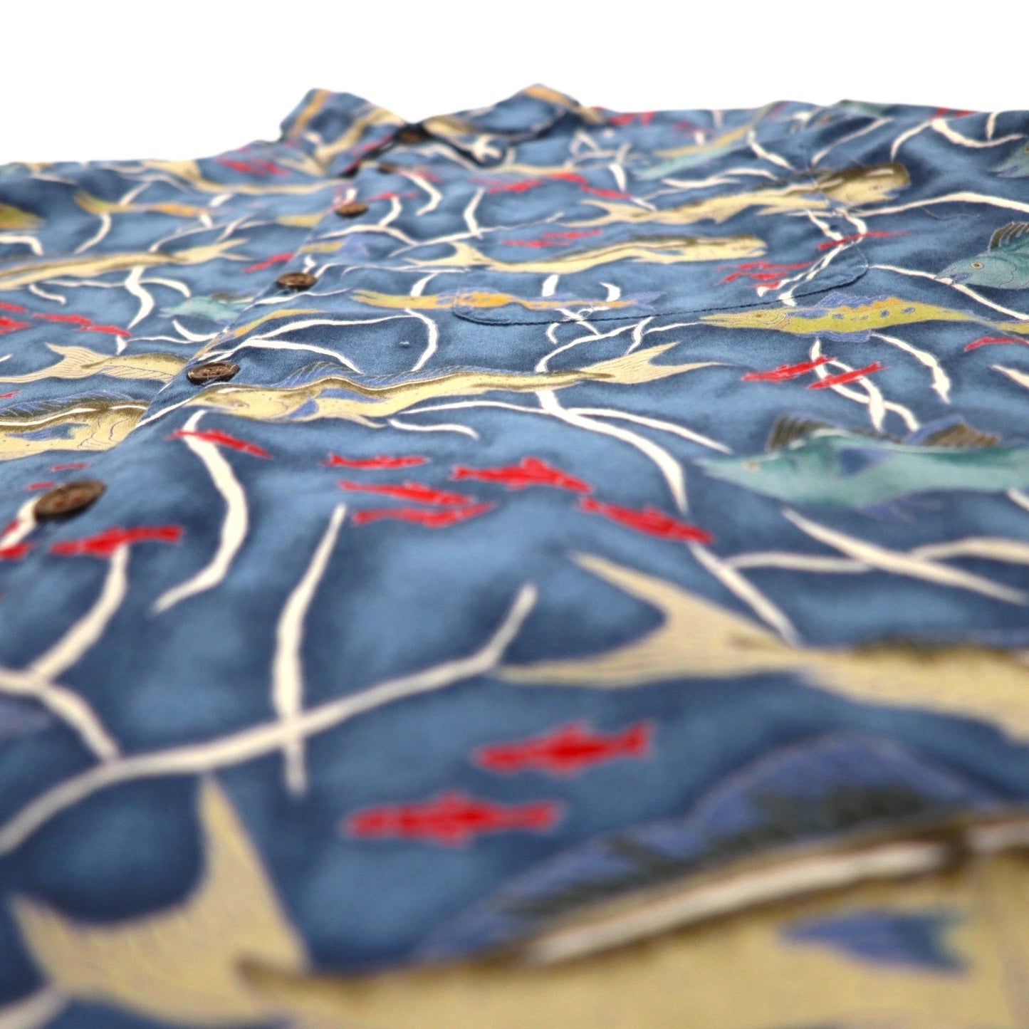 Reyn Spooner 80年代 ハワイ製 ダイアモンドヘッドタグ アロハシャツ L ネイビー コットン EGYPTIAN COTTON 魚モチーフ