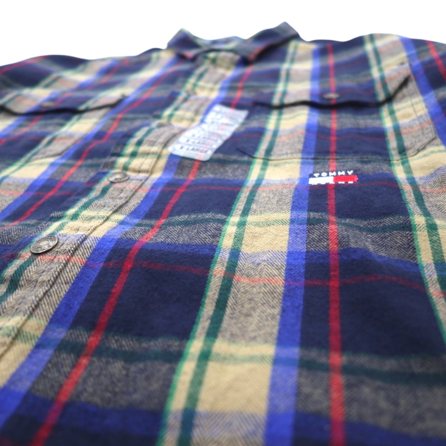 TOMMY JEANS 90年代 フランネルシャツ XL ネイビー チェック コットン スナップボタン 未使用品