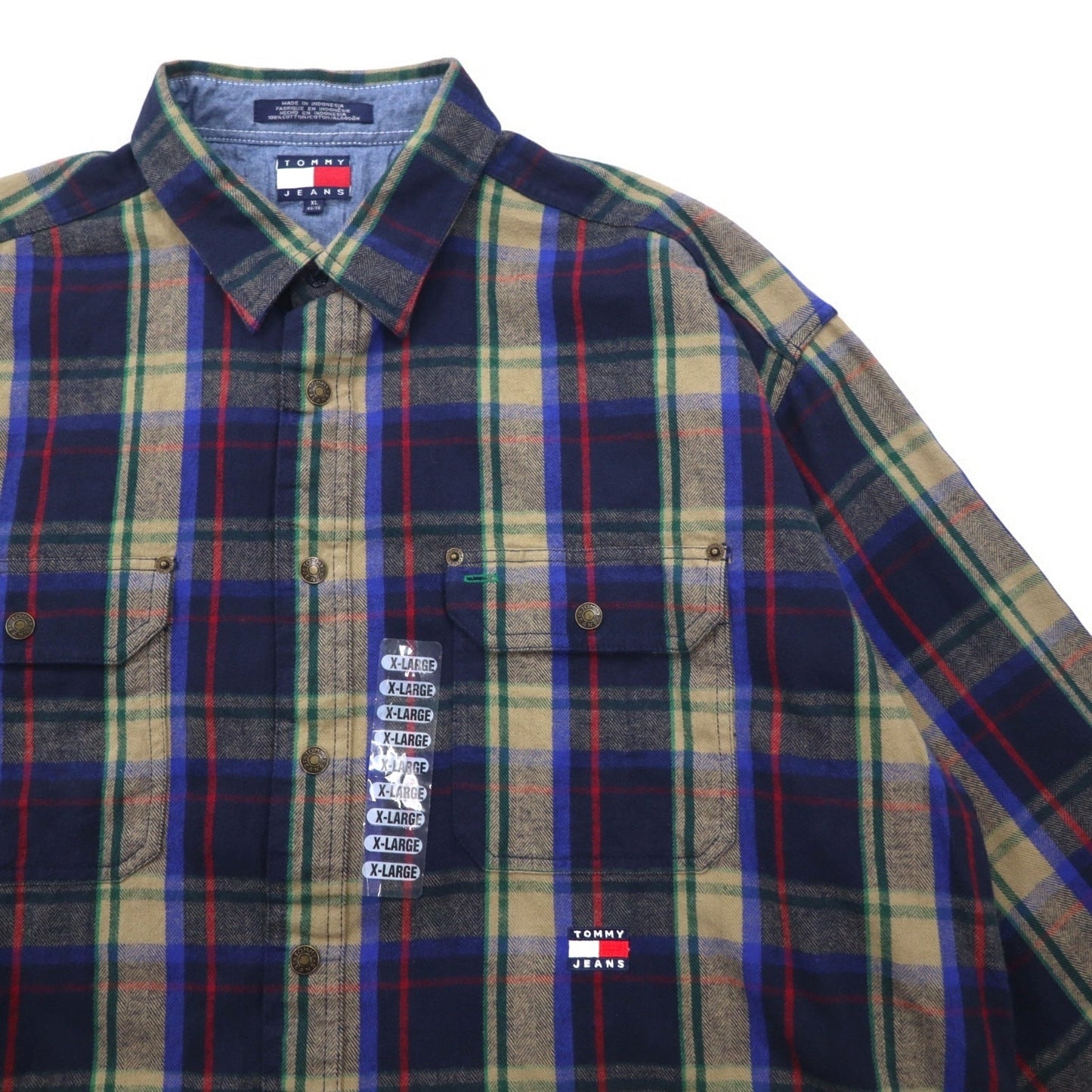 TOMMY JEANS 90年代 フランネルシャツ XL ネイビー チェック コットン スナップボタン 未使用品