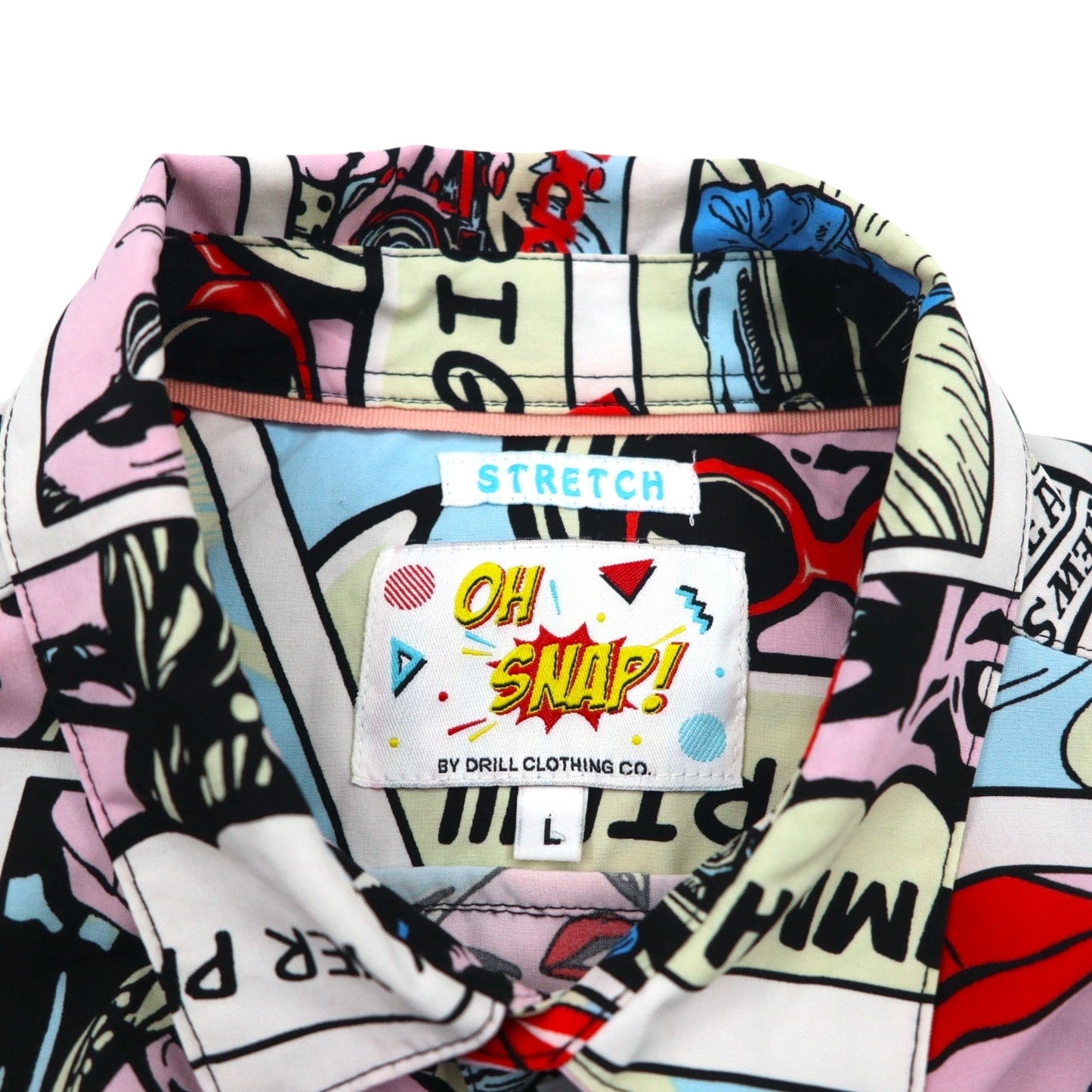 OH SNAP BY DRILL CLOTHING Co. アメコミ 半袖 シャツ L マルチカラー 総柄 ポップアート ストレッチ