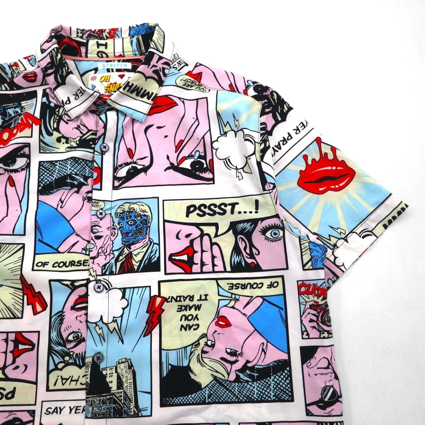 OH SNAP BY DRILL CLOTHING Co. アメコミ 半袖 シャツ L マルチカラー 総柄 ポップアート ストレッチ