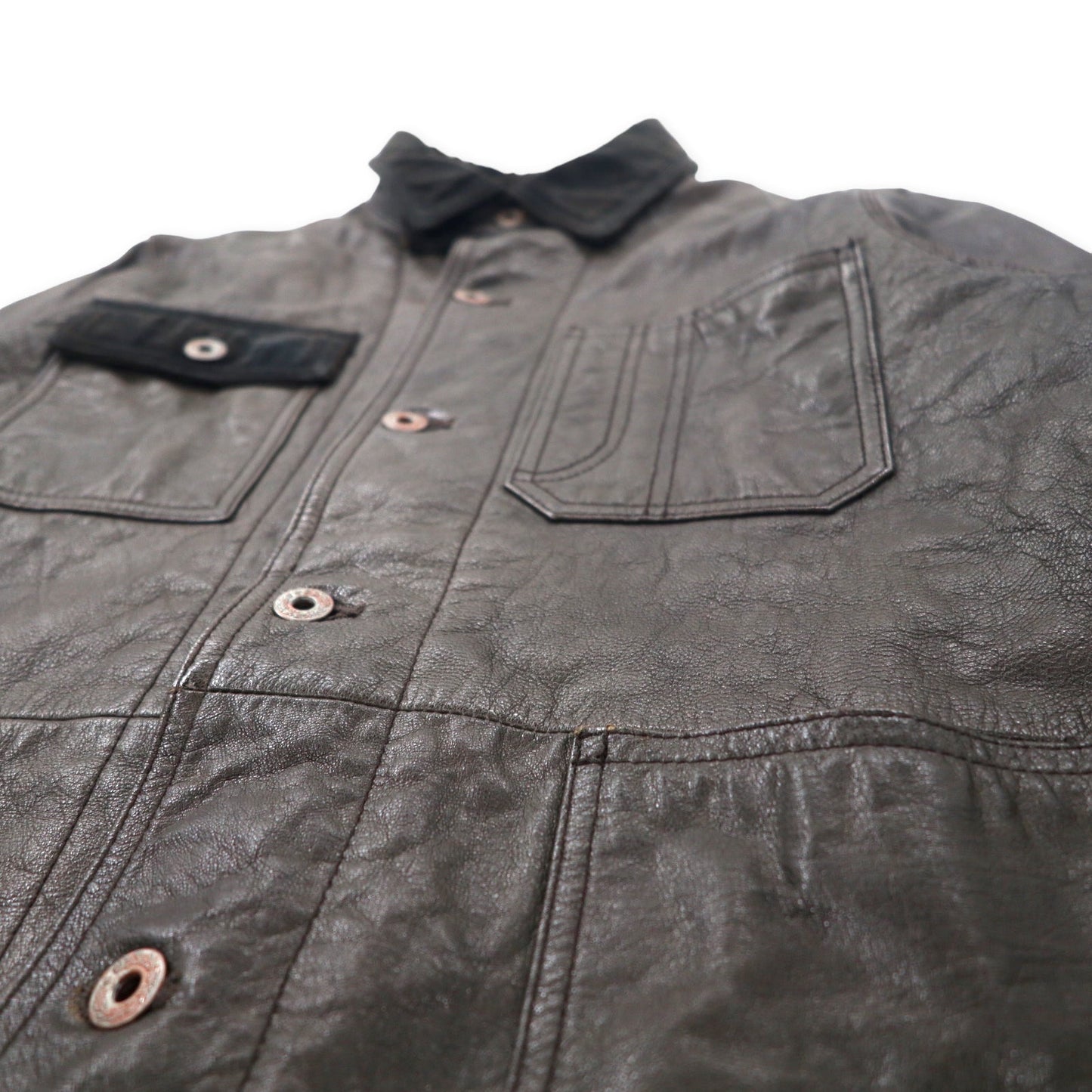 Leather Chore Coat レザーカバーオール M ブラック 山羊革 ゴート コーデュロイ切り替え 月桂樹ボタン