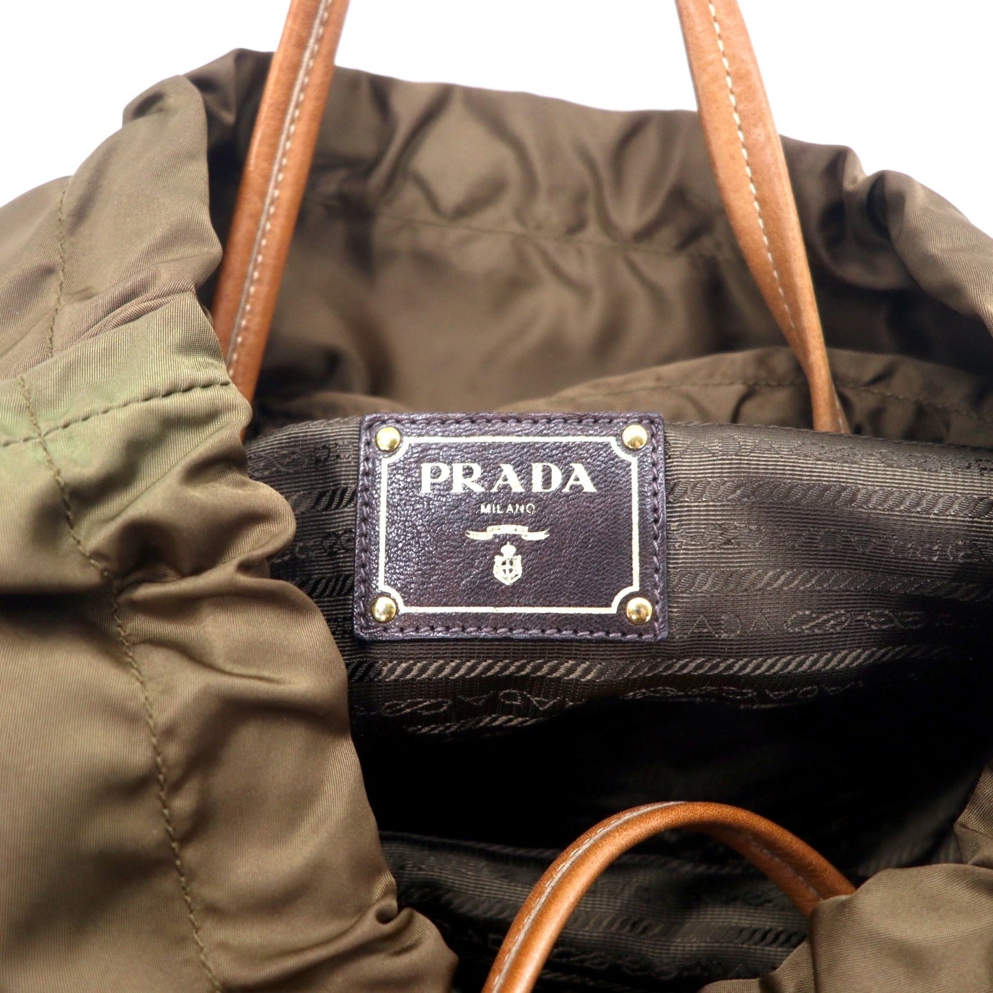 PRADA ジャガード 巾着 トートバッグ ショルダーバッグ カーキ ナイロン ロゴプリント