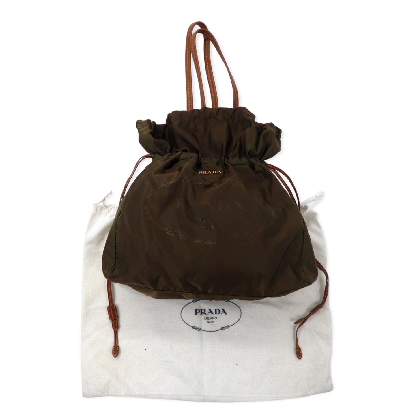 PRADA ジャガード 巾着 トートバッグ ショルダーバッグ カーキ ナイロン ロゴプリント