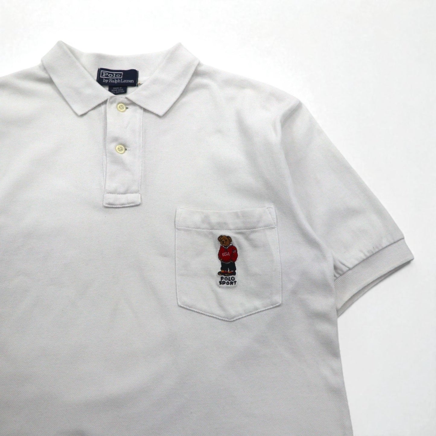 Polo by Ralph Lauren 90年代 ポロベア 胸ポケット ポロシャツ L ホワイト 鹿の子 ワンポイント刺繍