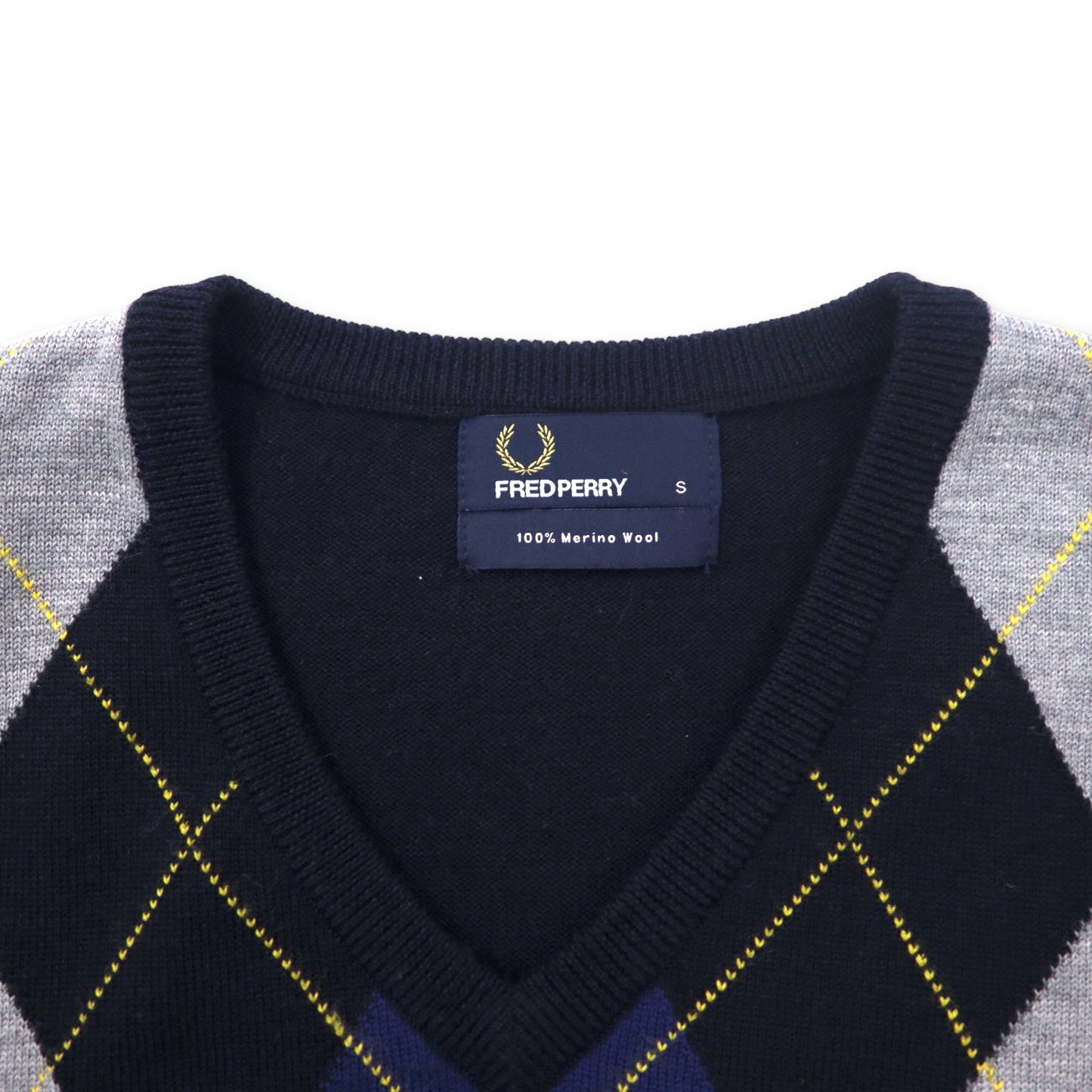 FRED PERRY Vネック アーガイルニット セーター S ネイビー メリノウール ワンポイントロゴ刺繍 K8252