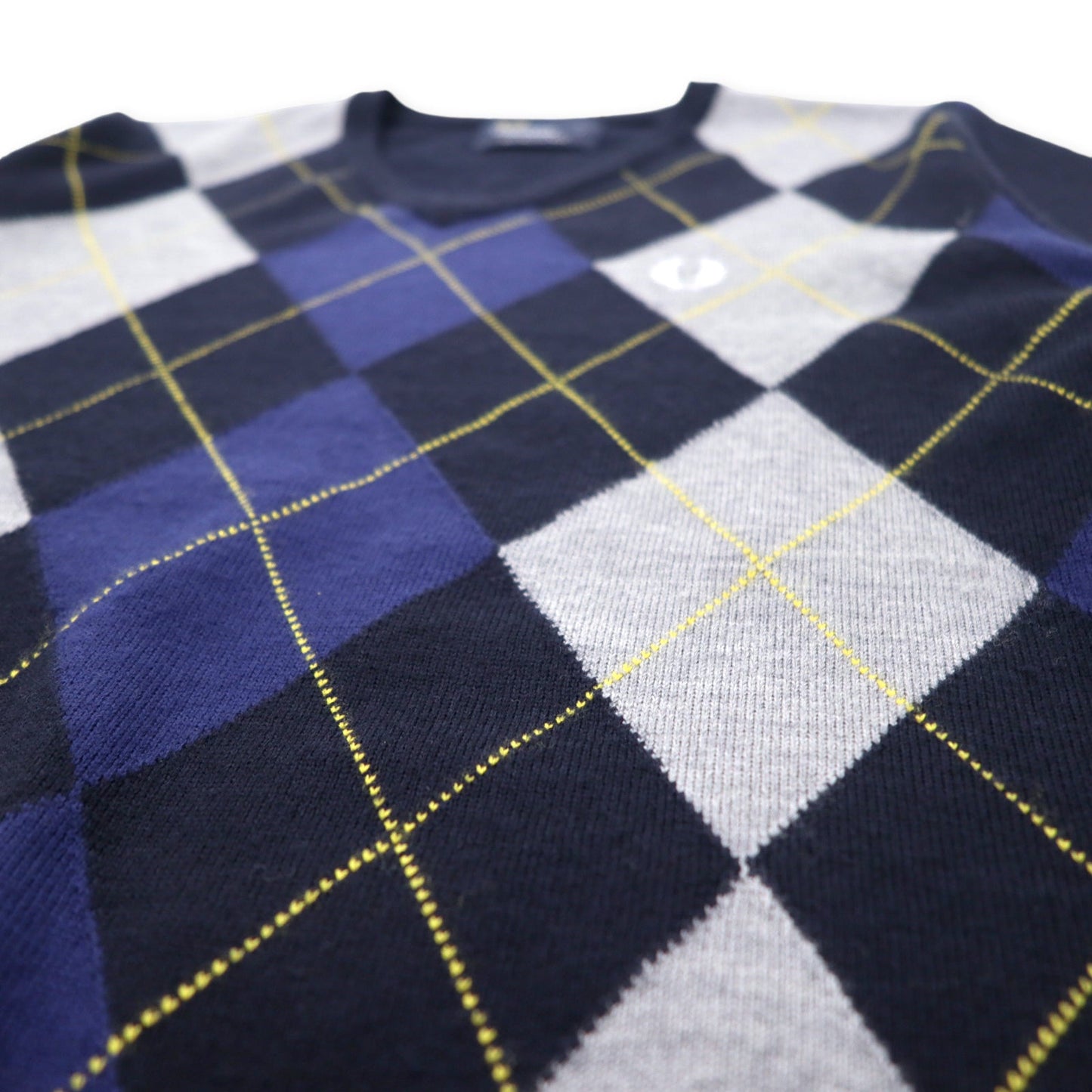 FRED PERRY Vネック アーガイルニット セーター S ネイビー メリノウール ワンポイントロゴ刺繍 K8252