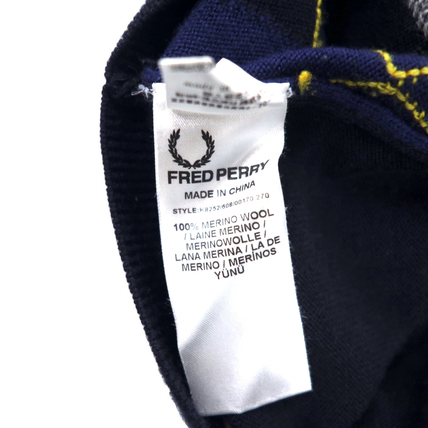 FRED PERRY Vネック アーガイルニット セーター S ネイビー メリノウール ワンポイントロゴ刺繍 K8252